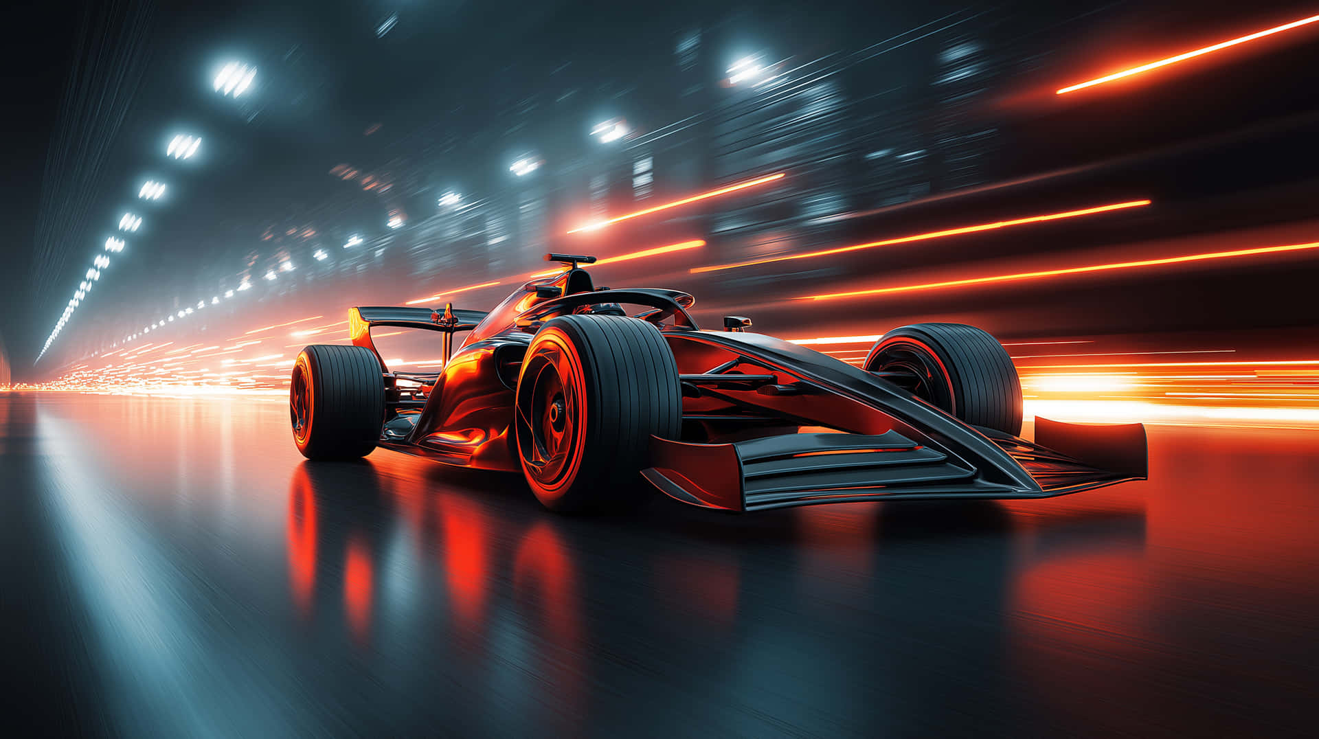 High-Speed Race Car in Tunnel, Dynamic Racing Motion 壁紙 — 一輛時尚的紅黑賽車在霓虹燈隧道中疾馳，隧道內有橙色光條和反光的濕滑路面。