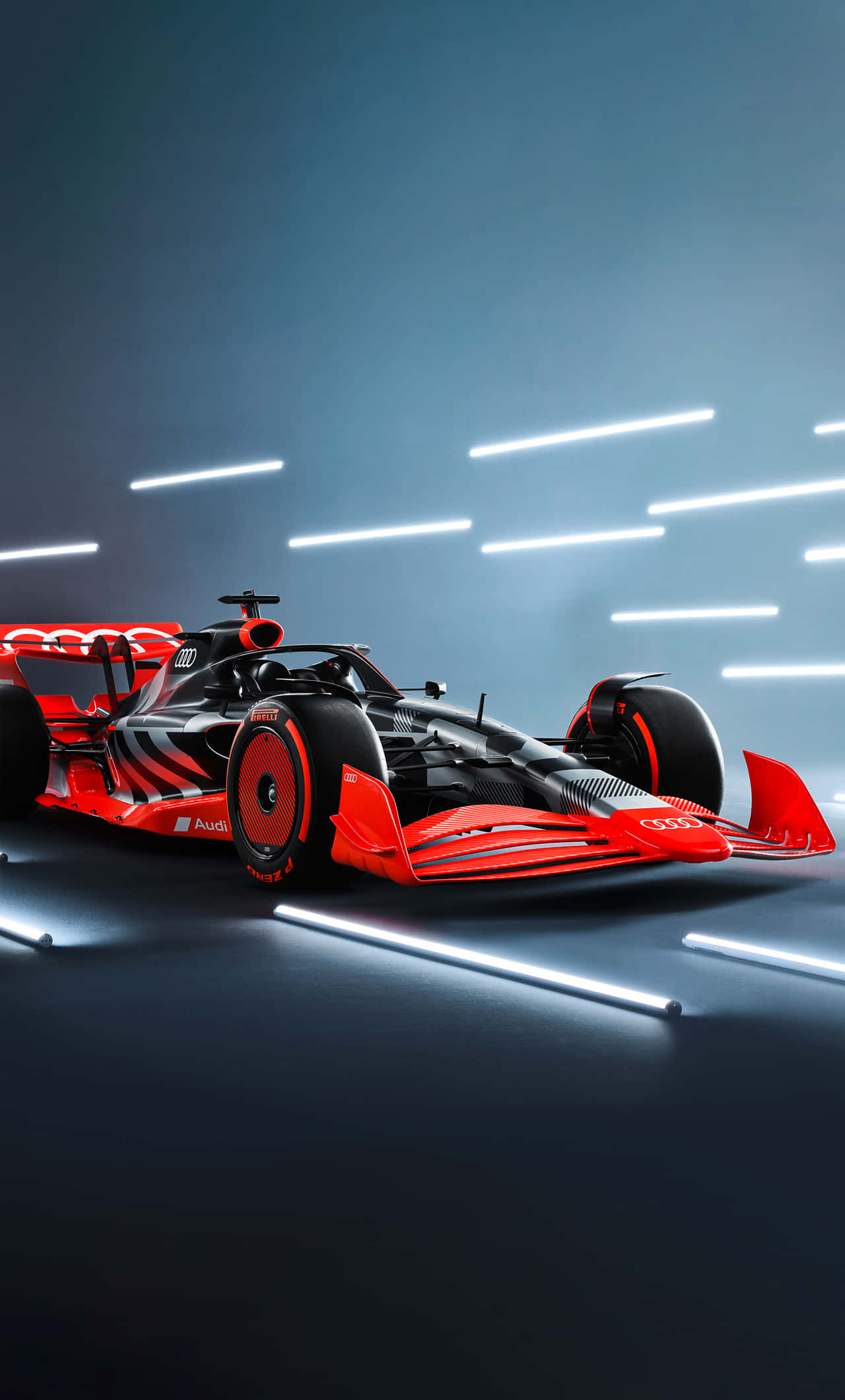 Formula 1 iPhone 桌布 壁紙 — 一輛時尚的紅黑配色奧迪Formula E賽車在未來主義風格的攝影棚中，於霓虹燈光下閃耀。