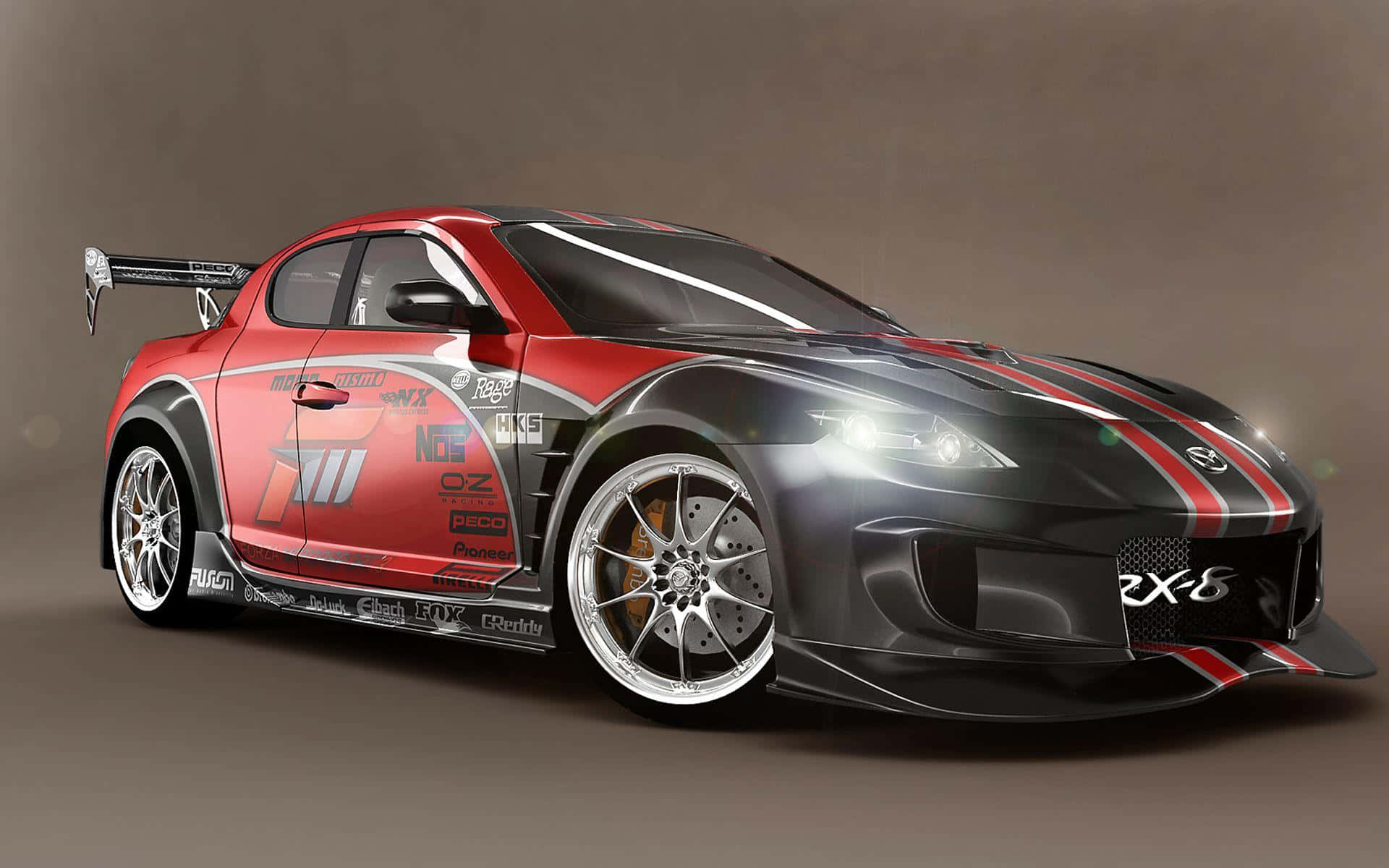Mazda Rx-8 桌布 壁紙 — 一輛時尚的紅黑配色馬自達RX-8賽車，帶有贊助商貼紙和發光車頭燈，在中性工作室背景下擺拍。