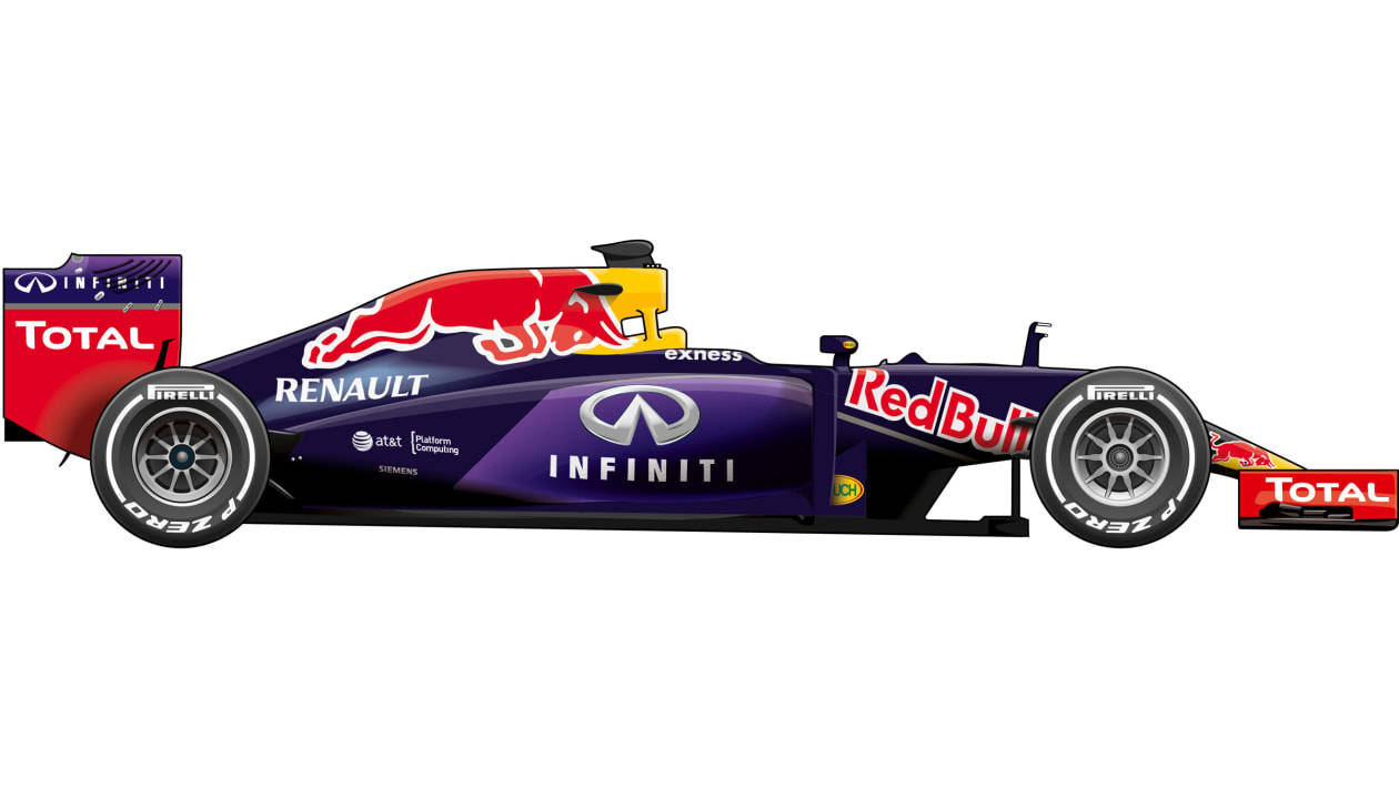 Red Bull 桌布 壁紙 — 一輛時尚的紫色紅牛一級方程式賽車，帶有紅牛標誌和贊助商貼紙，在白色背景上以側面展示。