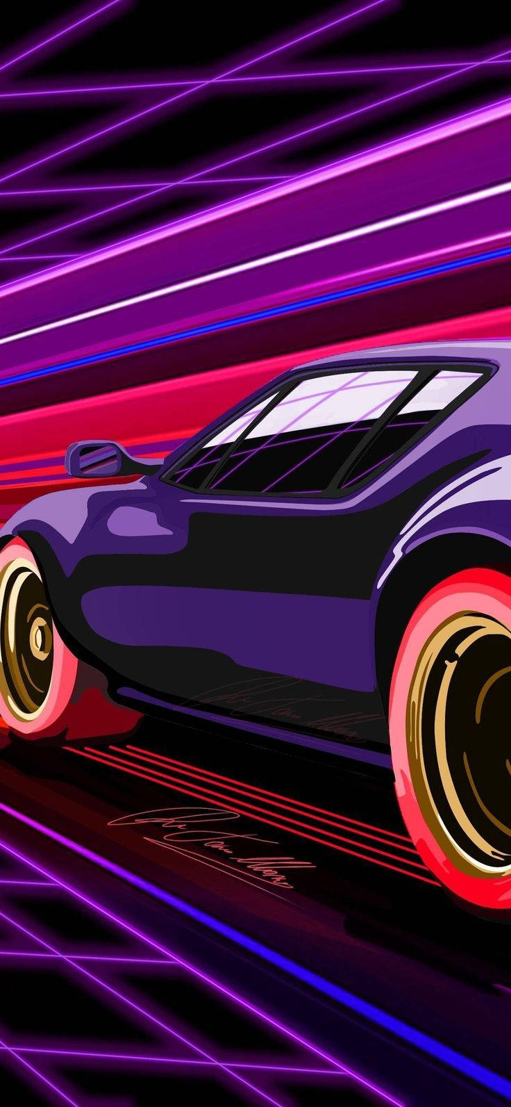 汽車 iPhone 壁紙 桌布 壁紙 — 一輛時尚的紫色跑車，帶有發光的紅色車輪，在由紫色和粉紅色線條組成的霓虹燈光 cyberpunk 網格中疾馳。
