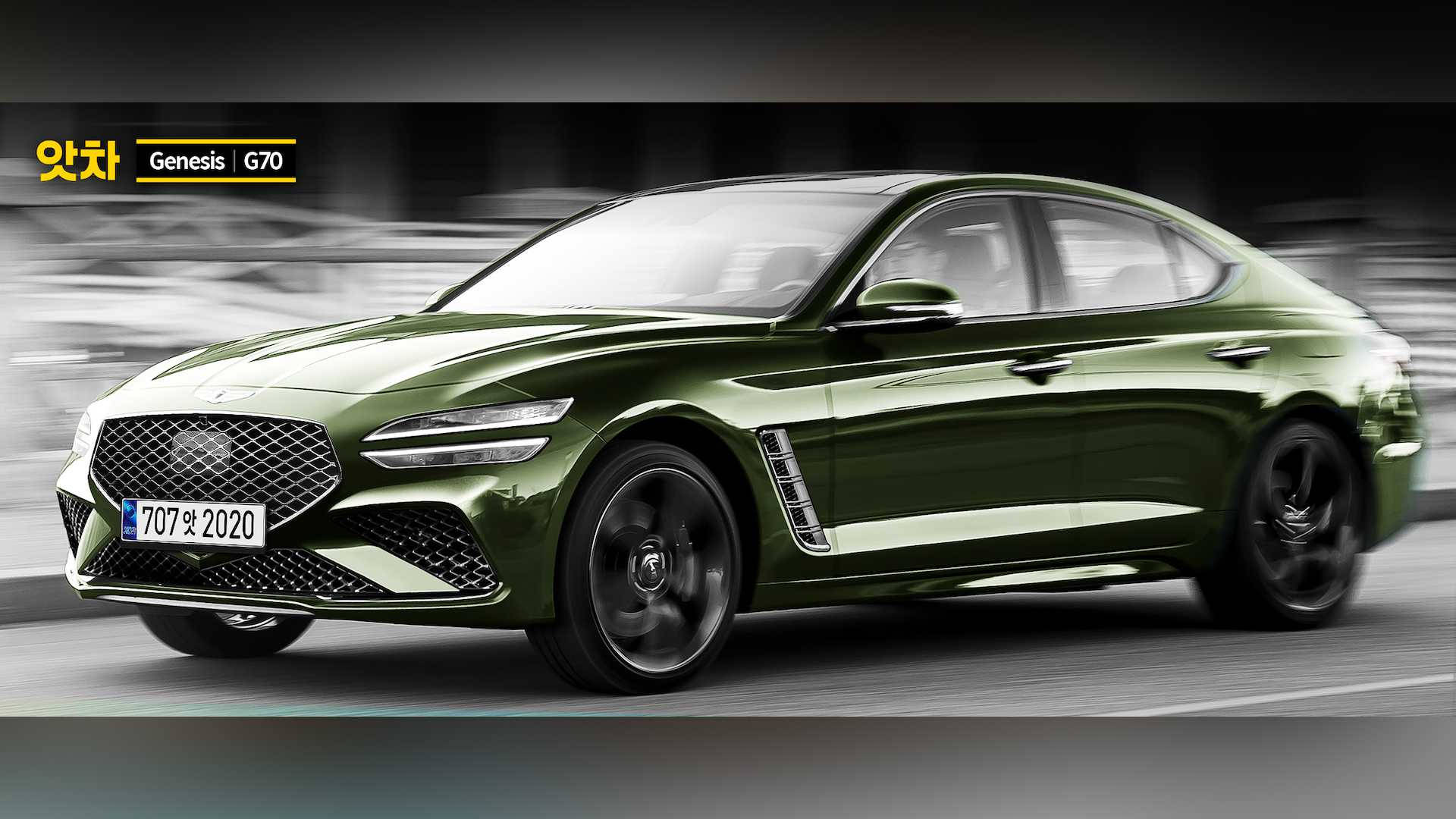 Genesis 桌布 壁紙 — 一輛時尚的綠色Genesis G70轎車在模糊的城市道路上疾馳，動態模糊強調其動感設計。