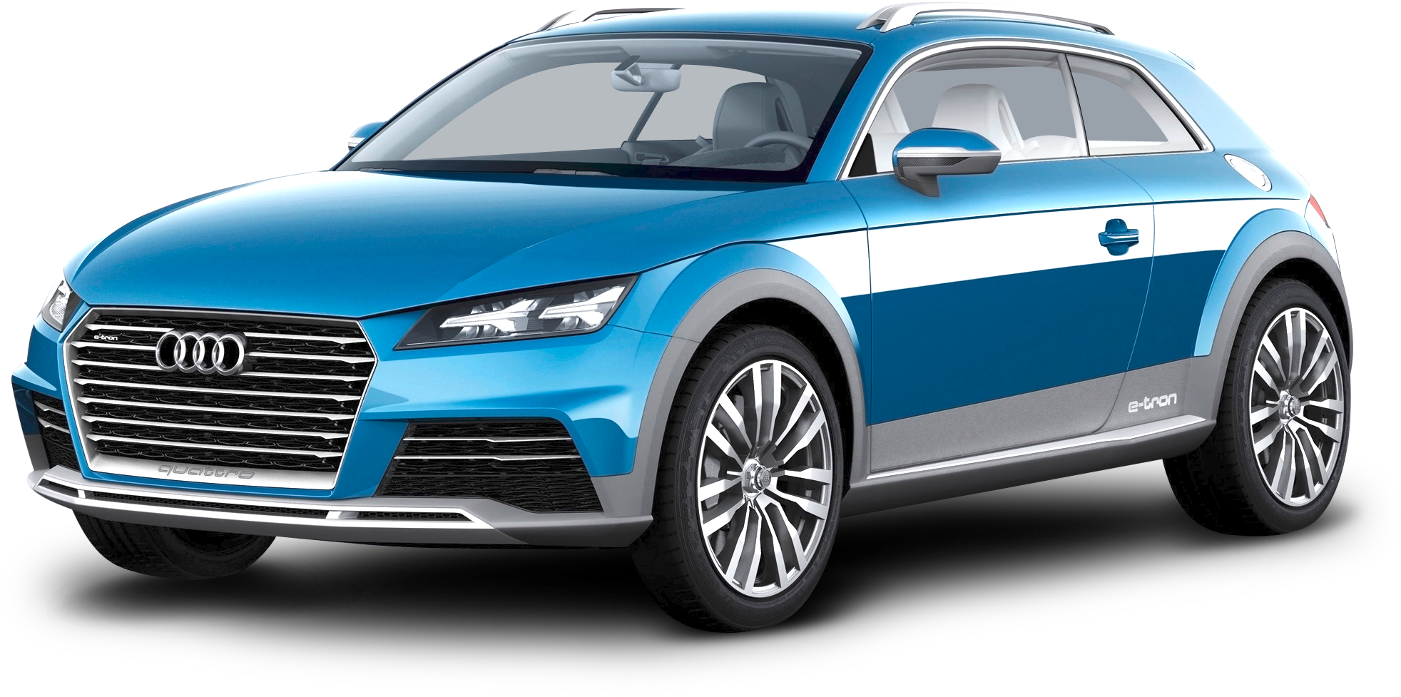 Blue Car 桌布 壁紙 — 一輛時尚的藍白 Audi e-tron SUV，帶有銀色飾邊和合金輪圈，在工作室燈光下展示。