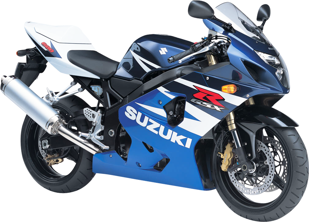 鈴木 桌布 壁紙 — 一輛時尚的藍白 Suzuki GSX-R 運動機車，配備鍍鉻排氣管和金色煞車卡鉗，在攝影棚燈光下展示。
