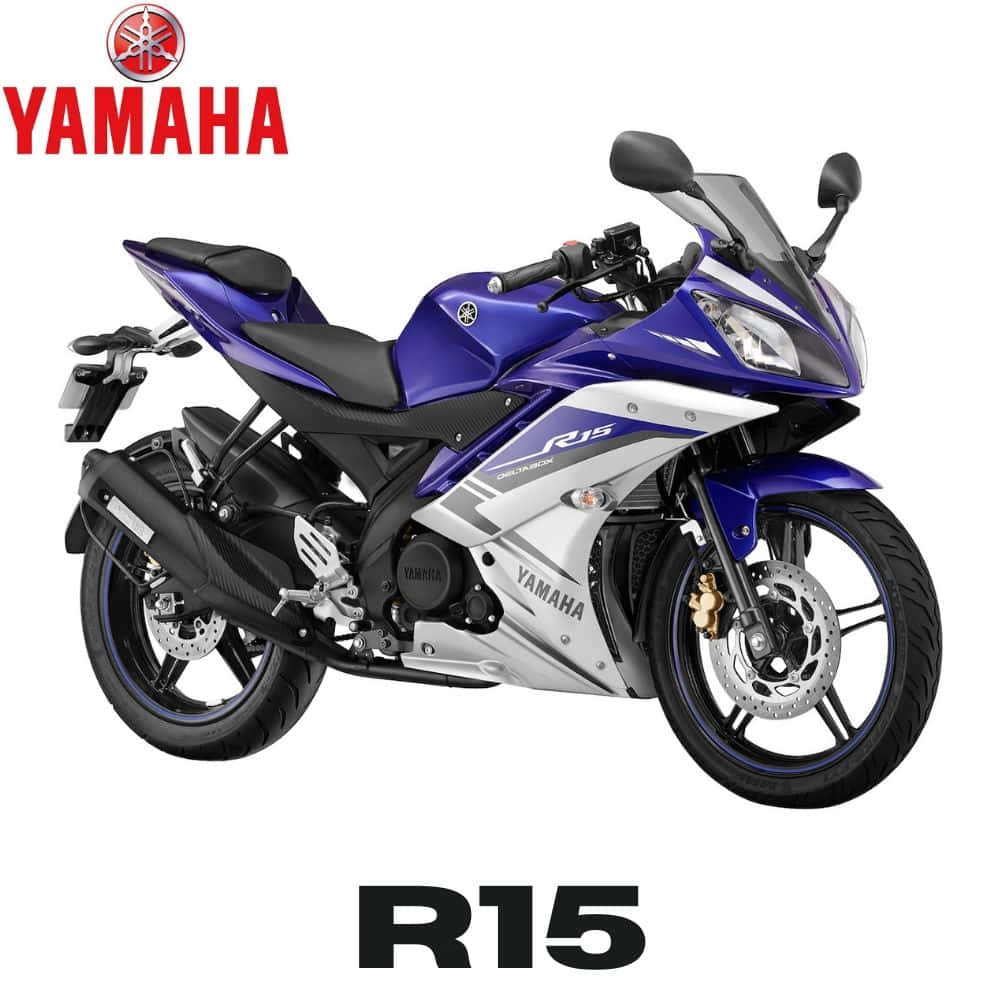 R15 桌布 壁紙 — 一輛時尚的藍白Yamaha R15運動機車，在工作室拍攝中展示品牌標誌和型號名稱。