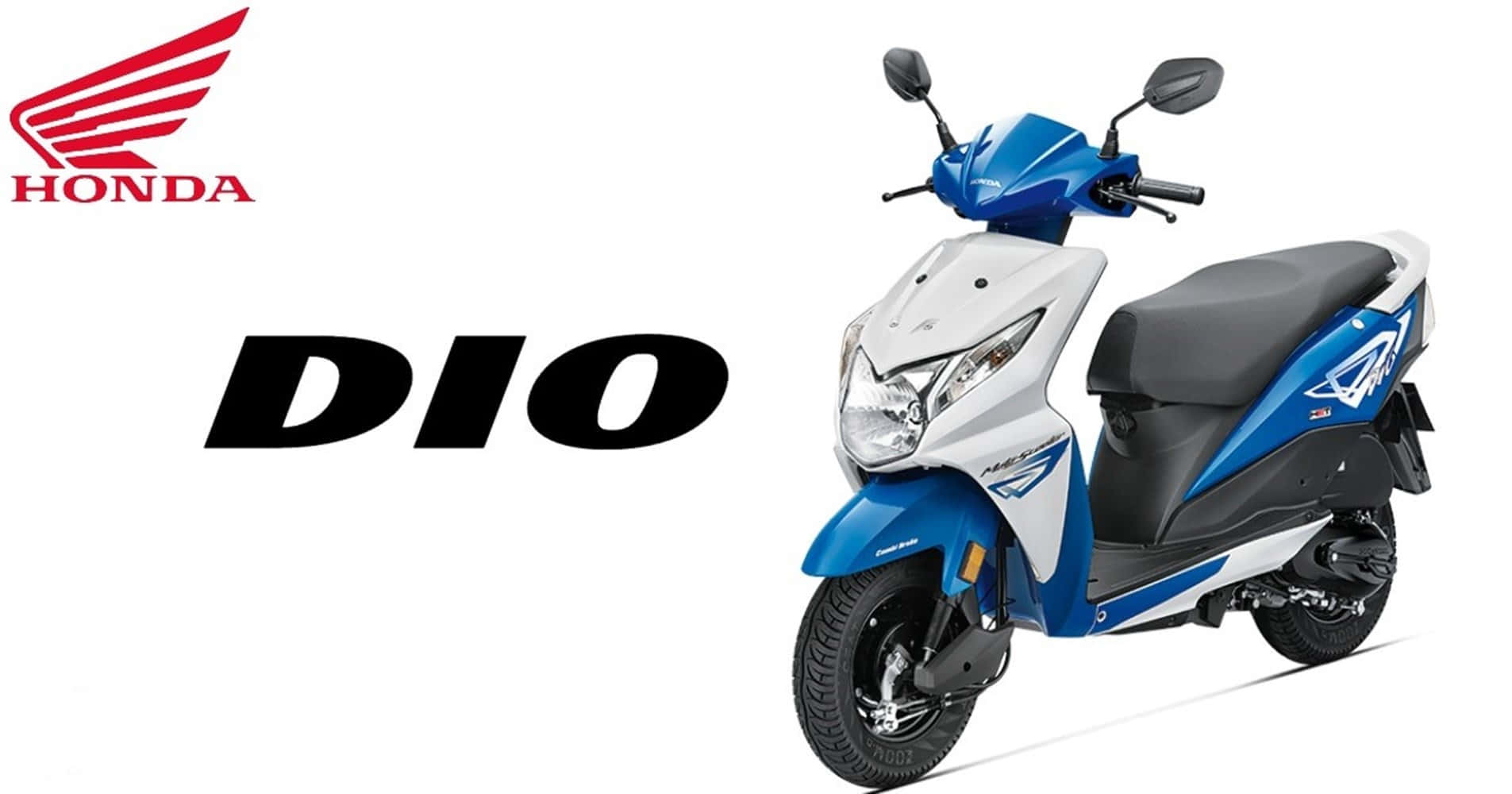 標誌 桌布 壁紙 — 一輛時尚的藍白色本田 Dio 機車，在攝影棚燈光下展示，品牌標誌和型號名稱突出顯示。