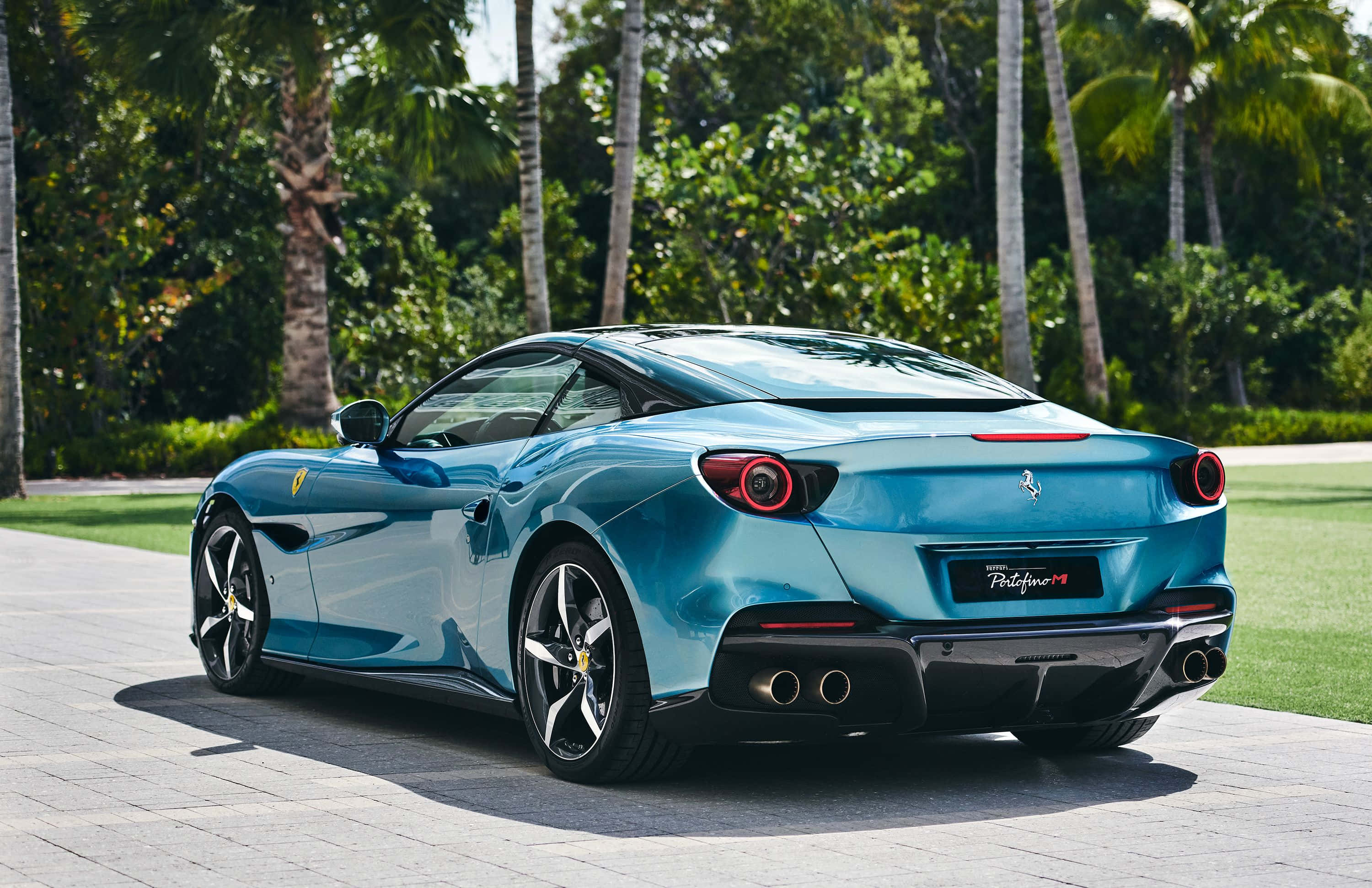 Ferrari Portofino 桌布 壁紙 — 一輛時尚的藍綠色法拉利Portofino停在石徑上，周圍是茂密的棕櫚樹和綠草，在明亮的日光下。