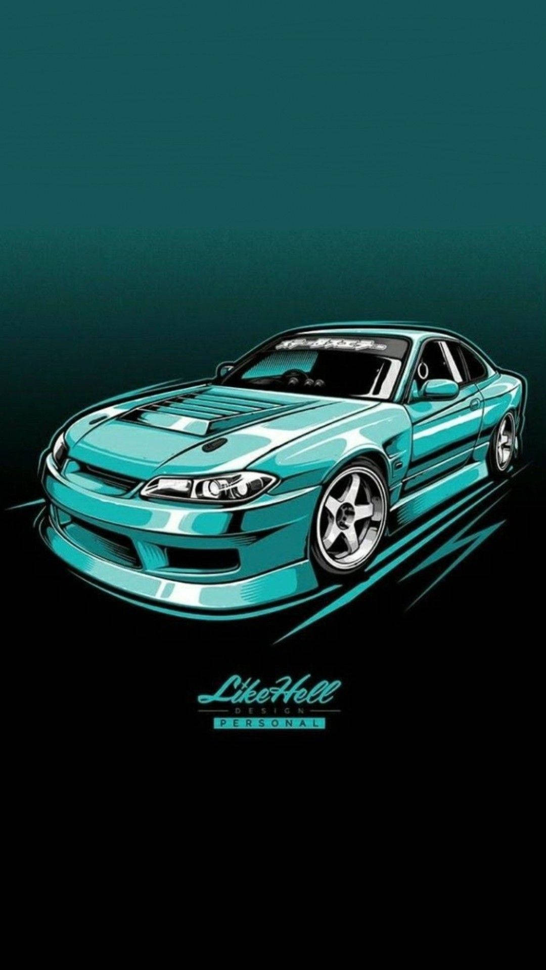 青色GIF 桌布 壁紙 — 一輛時尚的藍綠色跑車，帶有黑色點綴和動感線條，在深藍綠色漸變背景上疾馳。