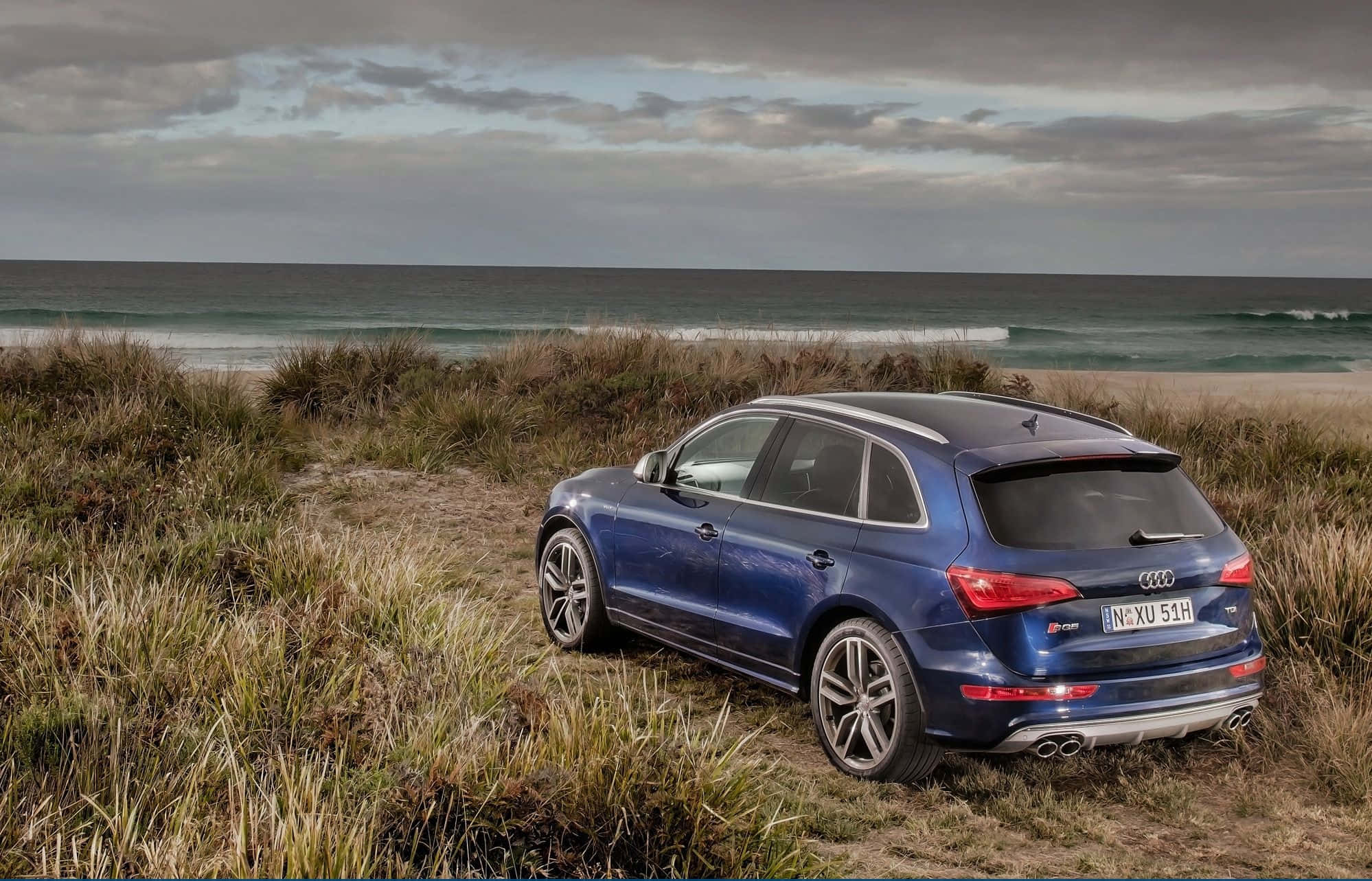 Audi Sq5 桌布 壁紙 — 一輛時尚的藍色 Audi SQ5 SUV 停泊在長滿青草的沙丘上，俯瞰著多雲天空下的廣闊海洋。