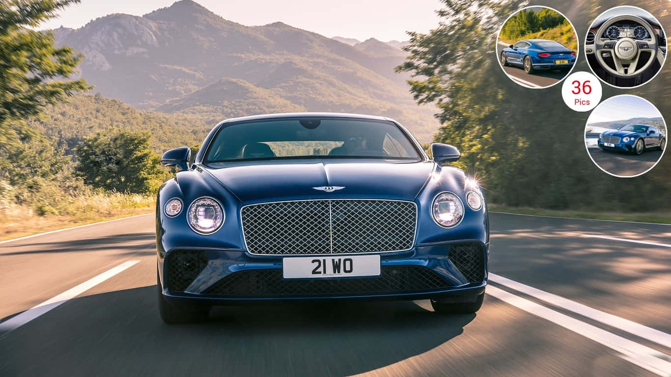 1366x768 Bentley 桌布 壁紙 — 一輛時尚的藍色 Bentley Continental GT 在蜿蜒的山路上巡航，沐浴在金色的陽光下。