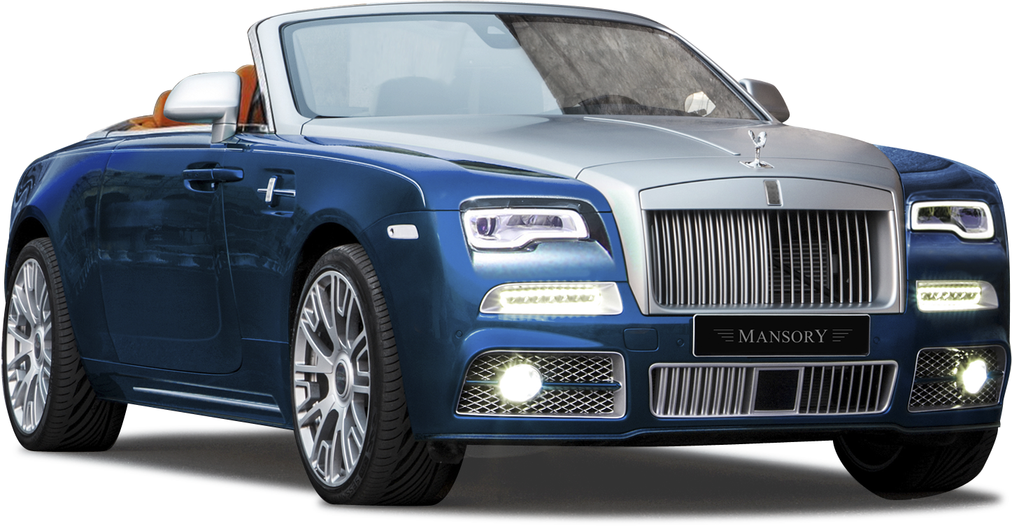勞斯萊斯 桌布 壁紙 — 一輛時尚的藍色 Mansory Rolls Royce 敞篷車，帶有鍍鉻裝飾和發光車頭燈，背景為黑色。