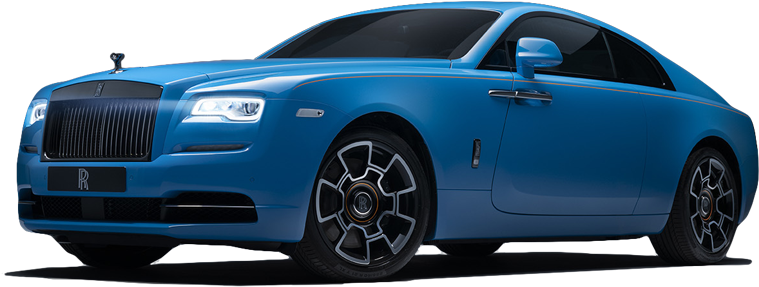 勞斯萊斯 桌布 壁紙 — 一輛時尚的藍色 Rolls Royce Wraith 雙門轎跑車，帶有發光的頭燈和黑色輪圈，背景為黑色。