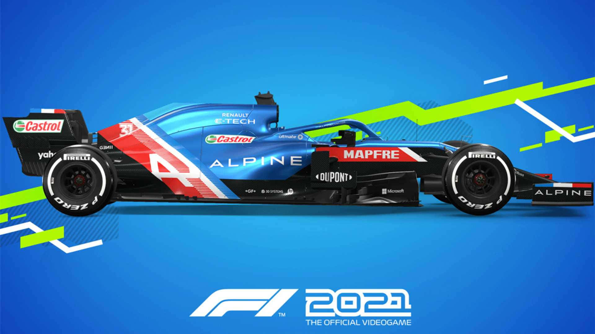 電玩遊戲 桌布 壁紙 — 一輛時尚的藍色、紅色和黑色Alpine F1賽車，帶有贊助商標誌，在充滿活力的藍色背景上以側面輪廓展示，並帶有綠色圖形線條。