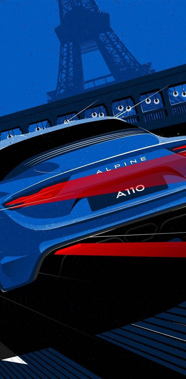 手機 桌布 壁紙 — 一輛時尚的藍色Alpine A110跑車帶有紅色點綴，在夜晚以艾菲爾鐵塔的剪影為背景展示。