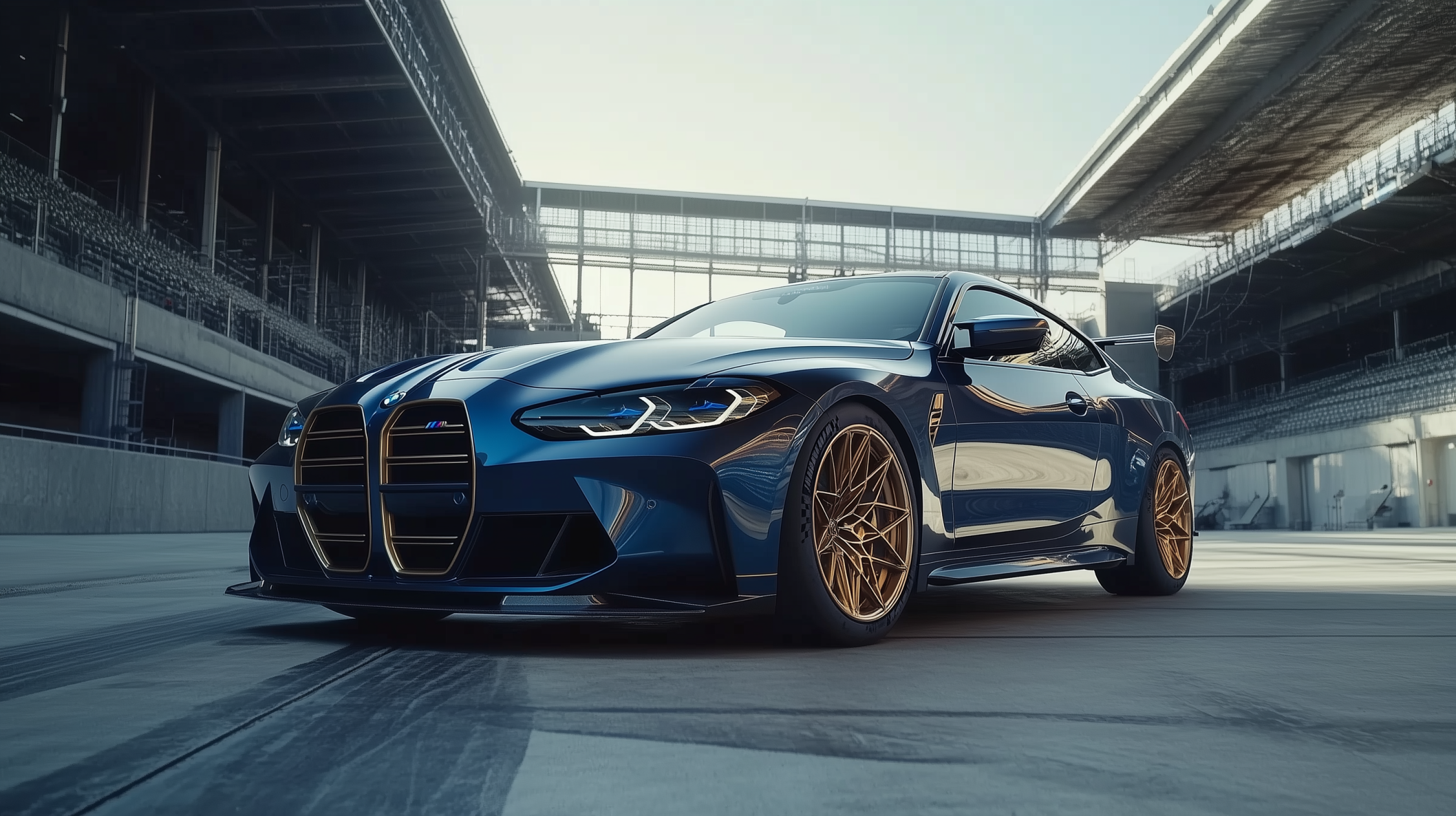 Bmw M4 桌布 壁紙 — 一輛時尚的藍色BMW M4配金色輪圈停在賽道看台下。
