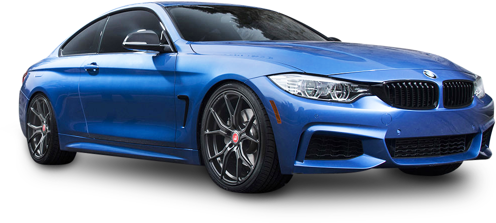 BMW 動圖 桌布 壁紙 — 一輛時尚的藍色BMW M4雙門轎跑車，配備黑色輪圈和光澤飾面，在黑色背景下的工作室燈光中展示。