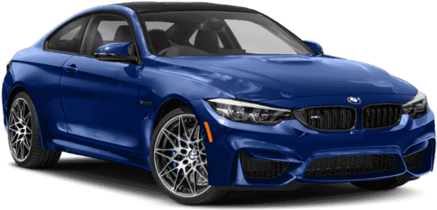 BMW 動圖 桌布 壁紙 — 一輛時尚的藍色BMW M4雙門轎跑車，配備銀色合金輪圈和侵略性前格柵，孤立在黑色背景上。