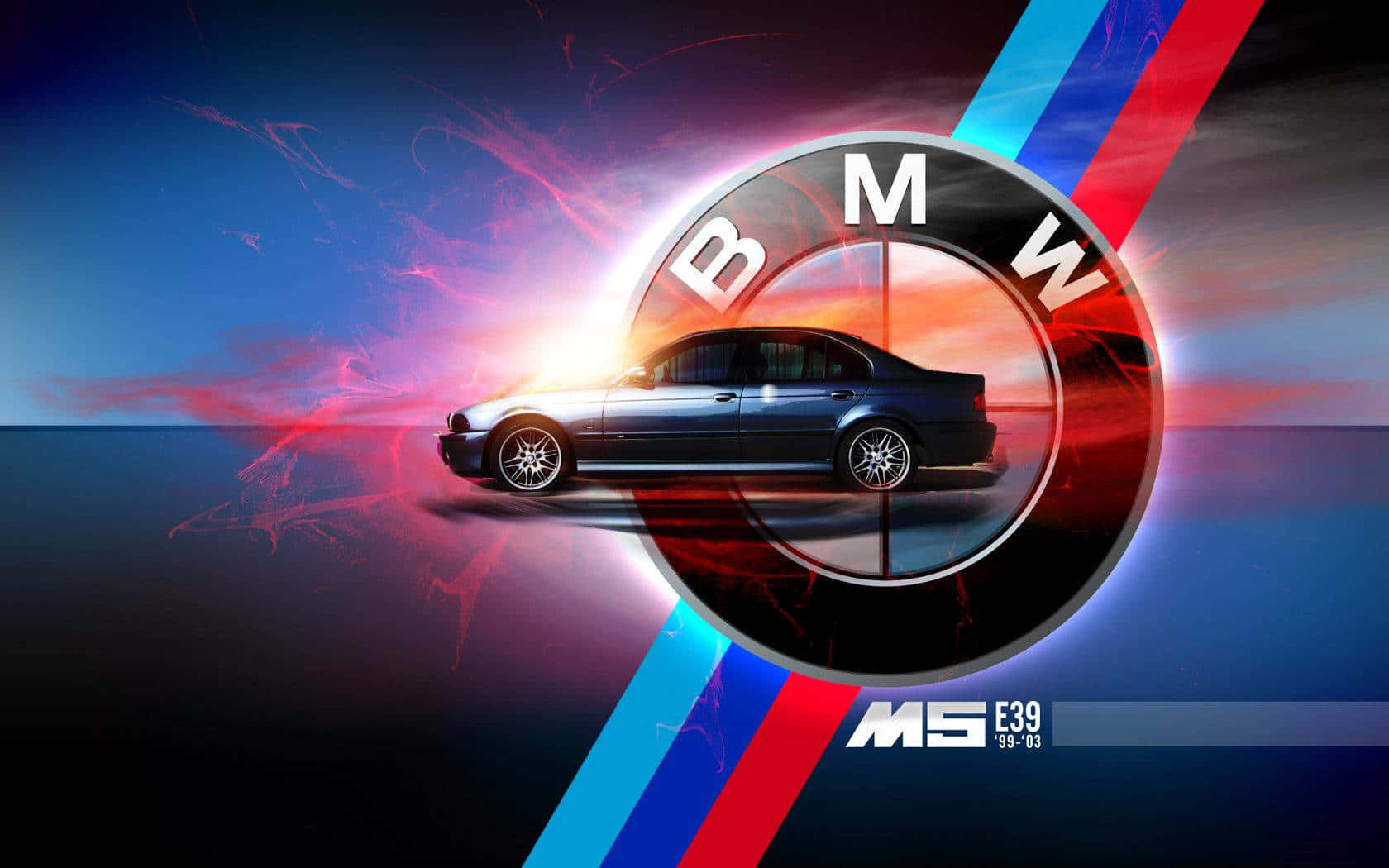 BMW 動圖 桌布 壁紙 — 一輛時尚的藍色BMW M5 E39轎車穿過充滿紅色、藍色和橙色能量條紋的鮮豔抽象隧道。
