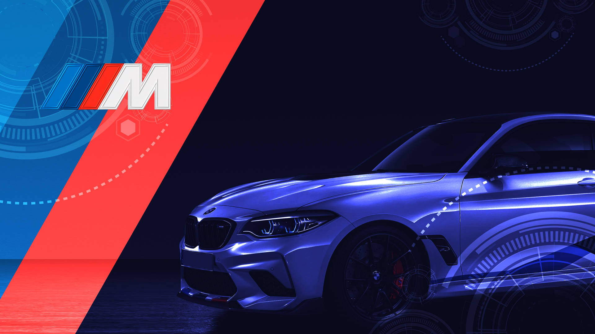 BMW 動圖 桌布 壁紙 — 一輛時尚的藍色BMW M車在霓虹燈下發光，背景是帶有紅色和藍色幾何圖案的未來數位背景。