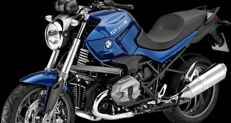 Bike HD 桌布 壁紙 — 一輛時尚的藍色BMW R1200R機車，帶有鍍鉻裝飾和黑色座椅，在純黑色背景下脫穎而出。