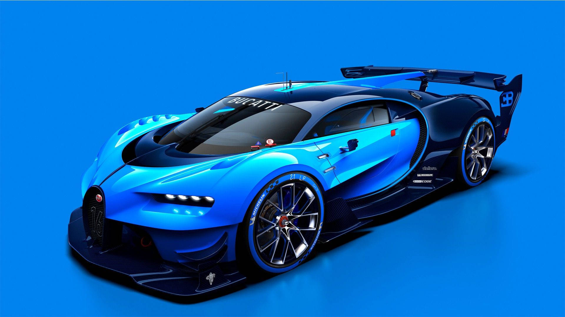 Cool Bugatti 桌布 壁紙 — 一輛時尚的藍色Bugatti超跑，帶有黑色點綴和空氣動力學設計，矗立在純藍色背景前。