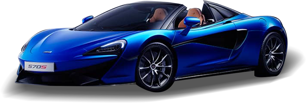 麥拉倫 桌布 壁紙 — 一輛時尚的藍色McLaren 570S跑車，配備棕褐色皮革座椅和黑色飾邊，在深色背景下以側面展示。