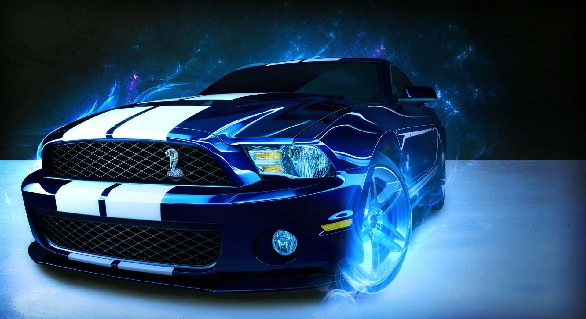 野馬GIF 桌布 壁紙 — 一輛時尚的藍色Shelby Mustang帶有白色賽車條紋，在黑暗的宇宙背景下，在電藍色能量效果下發光。