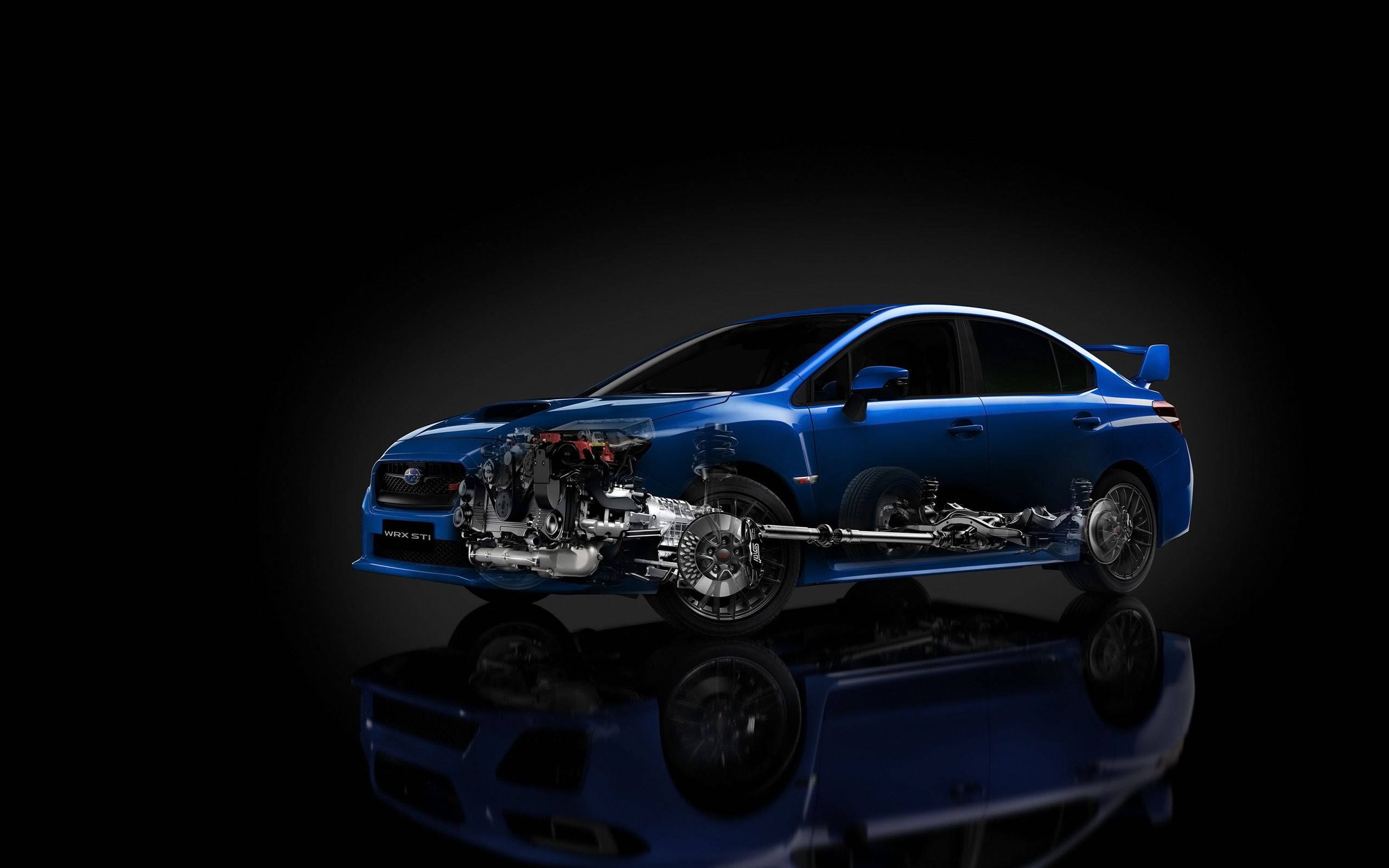 昴 桌布 壁紙 — 一輛時尚的藍色Subaru WRX STI轎車，透明車身揭示複雜的引擎和底盤部件，背景為深色反光工作室。