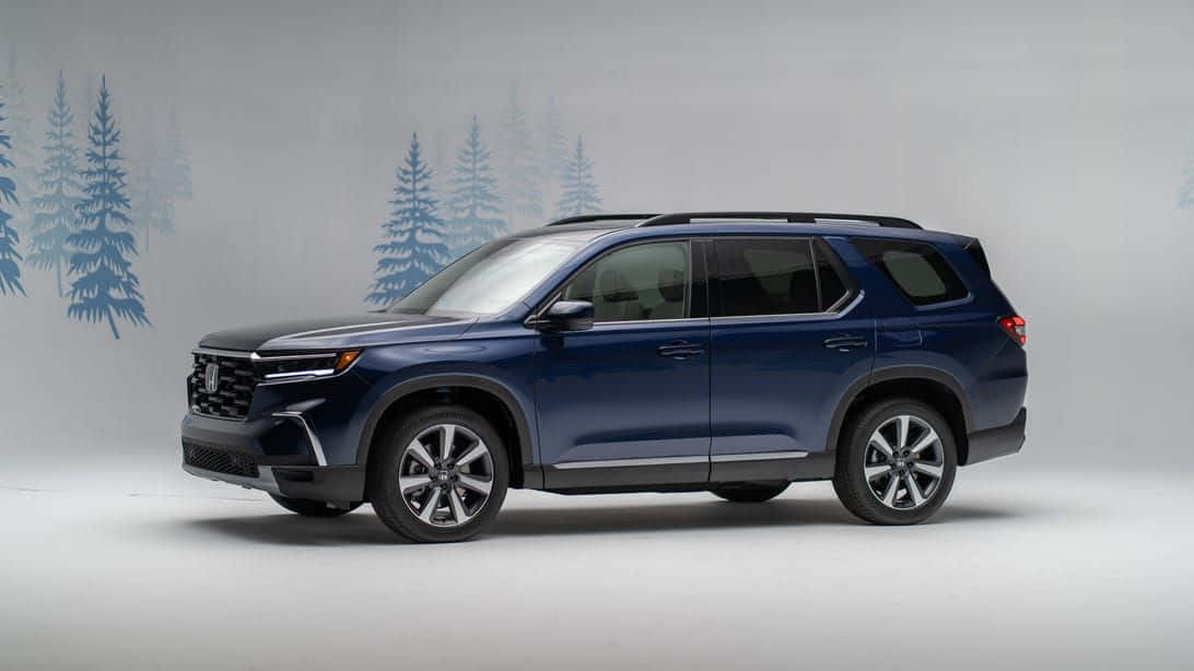 2023 Honda Pilot 桌布 壁紙 — 一輛時尚的藍色SUV停在工作室內，背後牆上畫有松樹。