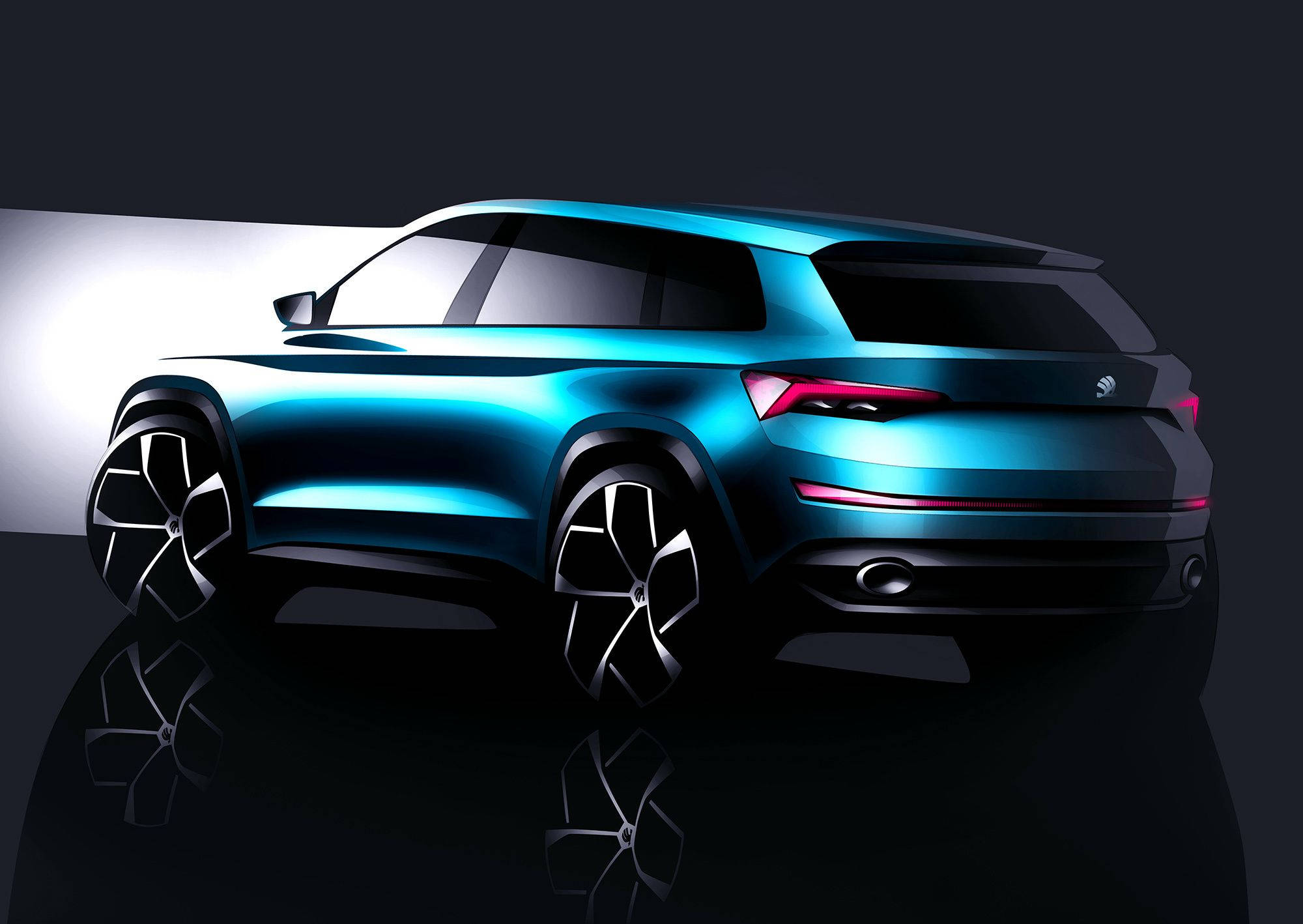 Skoda 桌布 壁紙 — 一輛時尚的藍色SUV概念車在工作室燈光下發光，帶有紅色尾燈和反光輪，停在深色光澤地板上。