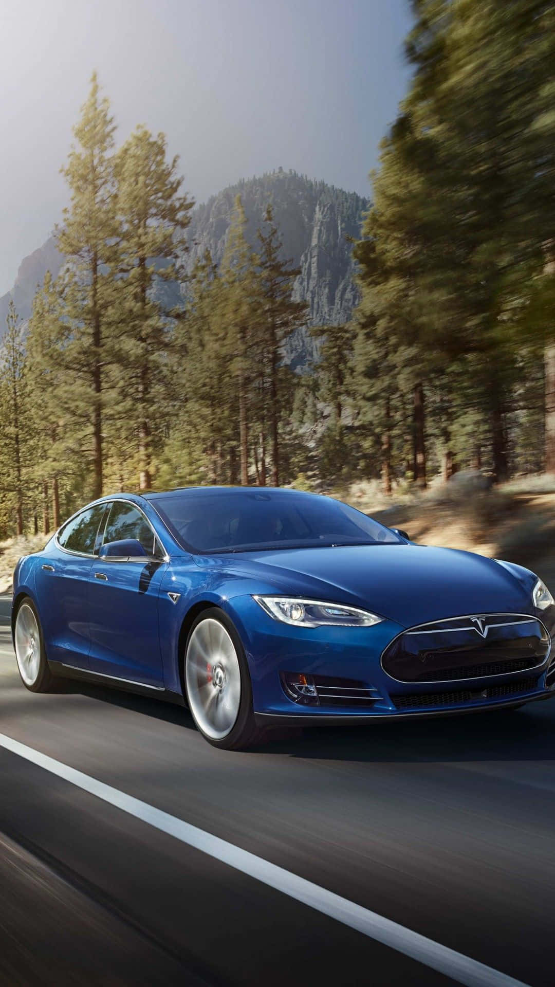 特斯拉 桌布 壁紙 — 一輛時尚的藍色Tesla Model S在晴朗的天空下，沿著兩旁高聳松樹的山路飛馳。