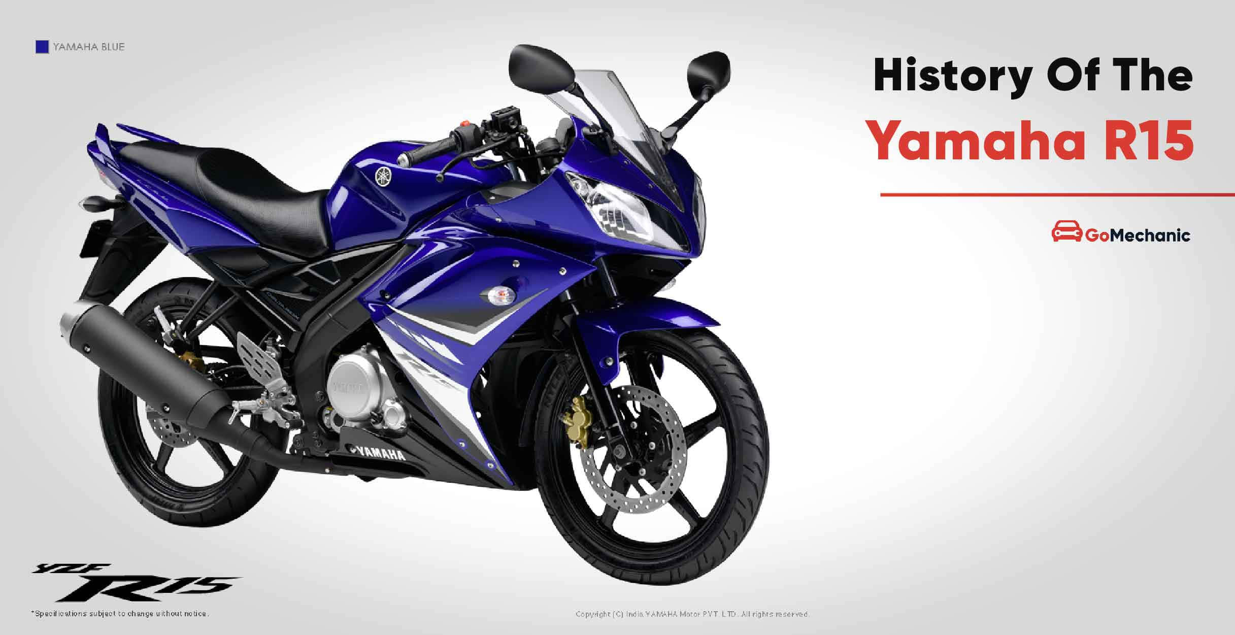 R15 桌布 壁紙 — 一輛時尚的藍色Yamaha R15機車，帶有黑色點綴和銀色細節，在工作室燈光下以純白色背景展示。