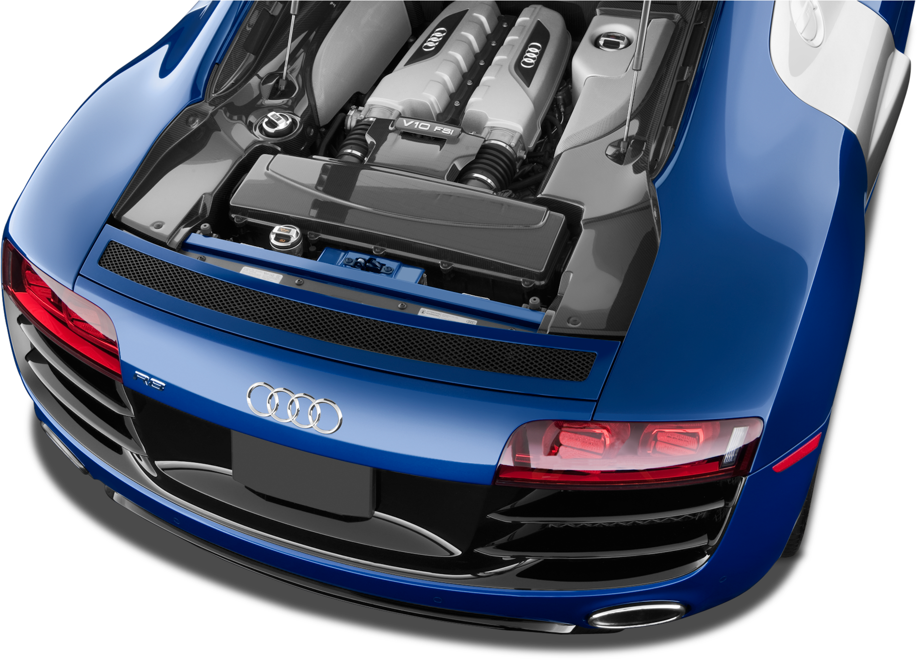Blue Car 桌布 壁紙 — 一輛時尚的藍色奧迪R8跑車，引擎蓋打開，露出強大的V10引擎，背景為黑色。