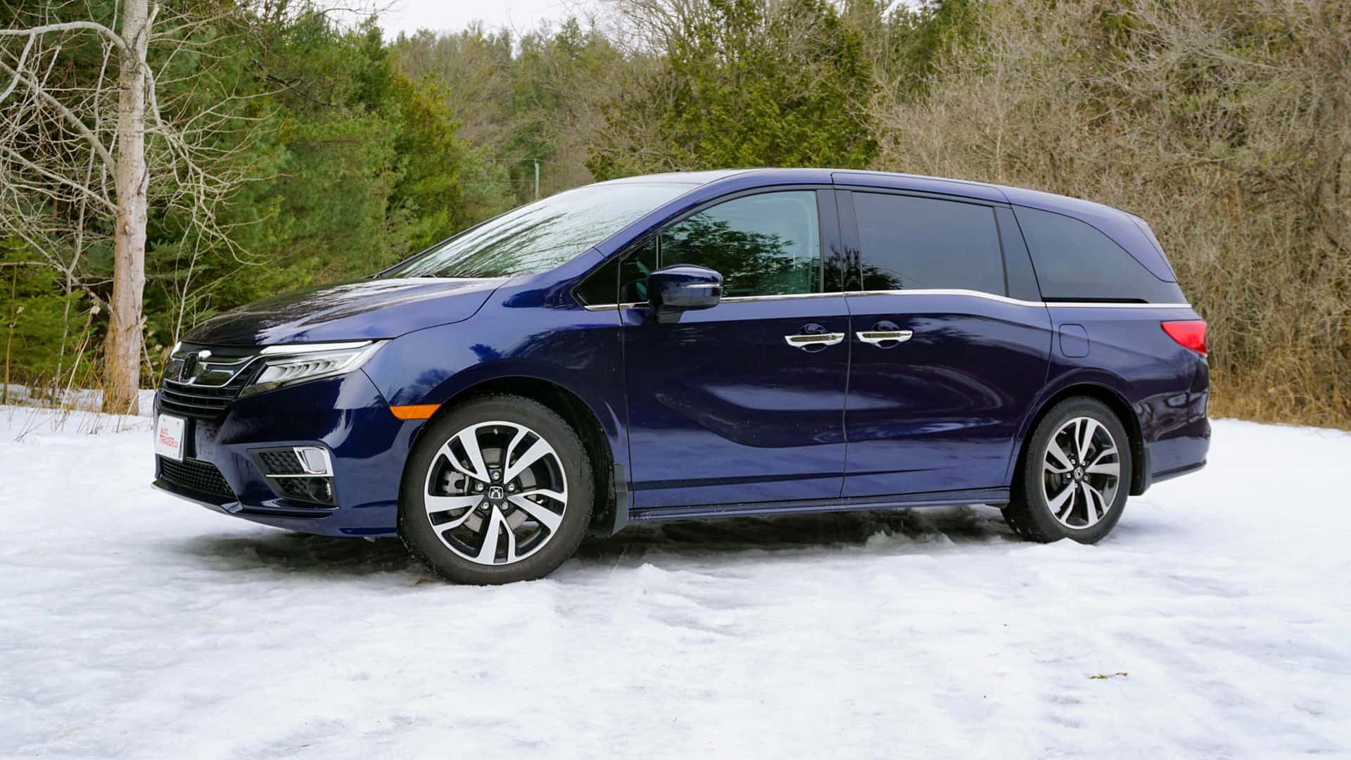 Honda Odyssey 桌布 壁紙 — 一輛時尚的藍色小型貨車停放在雪地上，背景有光禿禿的樹木和常綠樹。