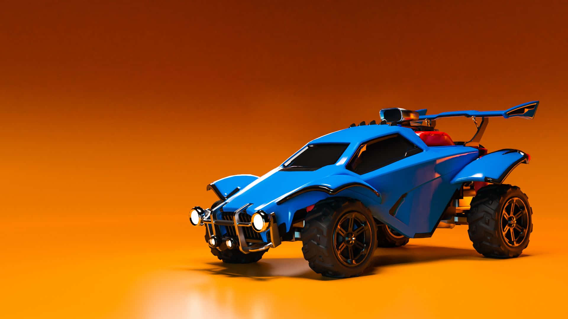 Rocket League Art 桌布 壁紙 — 一輛時尚的藍色未來越野車，配備黑色輪胎和紅色點綴，矗立在橙色漸變背景前。