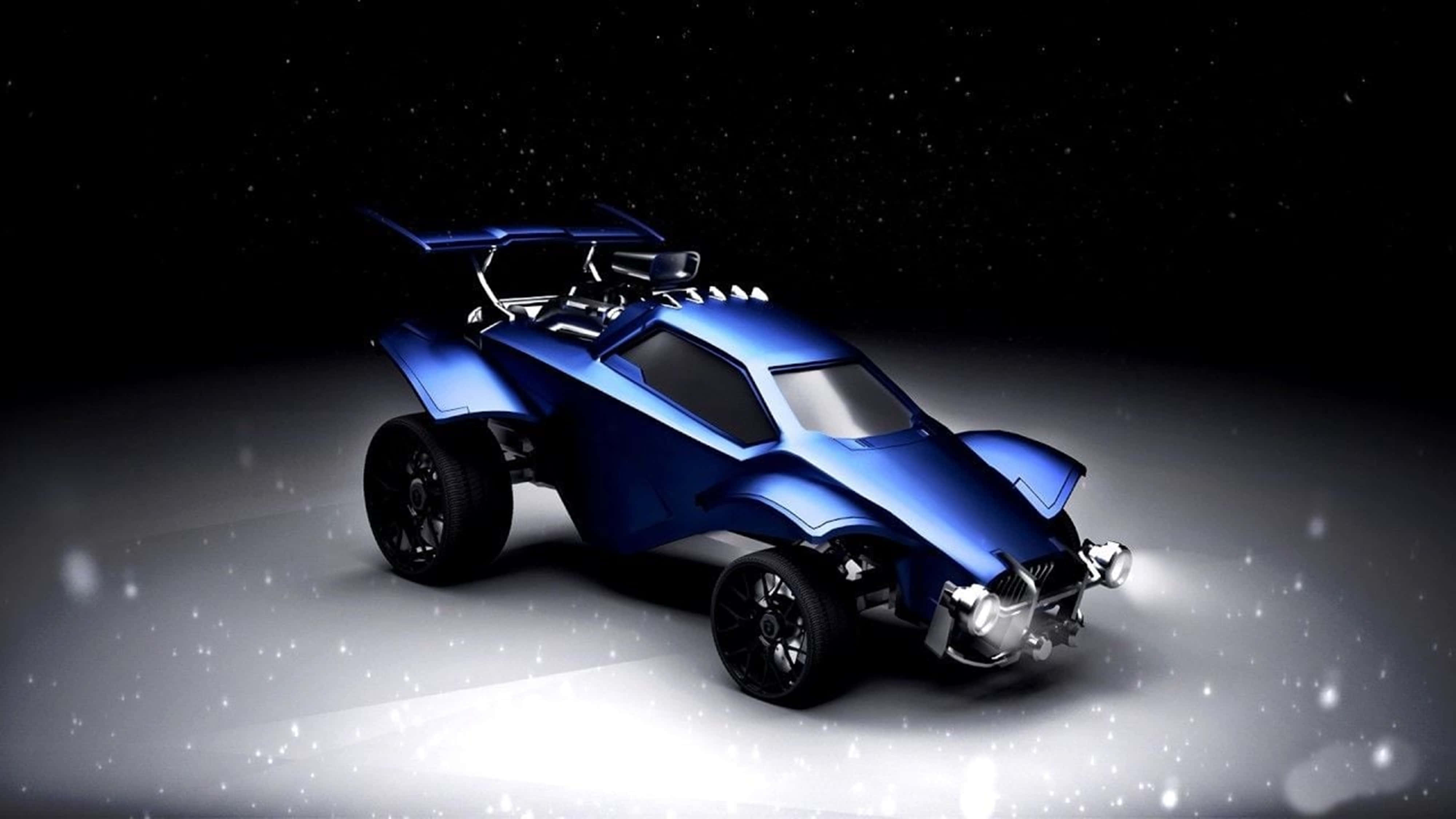 render 桌布 壁紙 — 一輛時尚的藍色未來越野車在聚光燈下，以星空夜空和飄雪為背景發光。