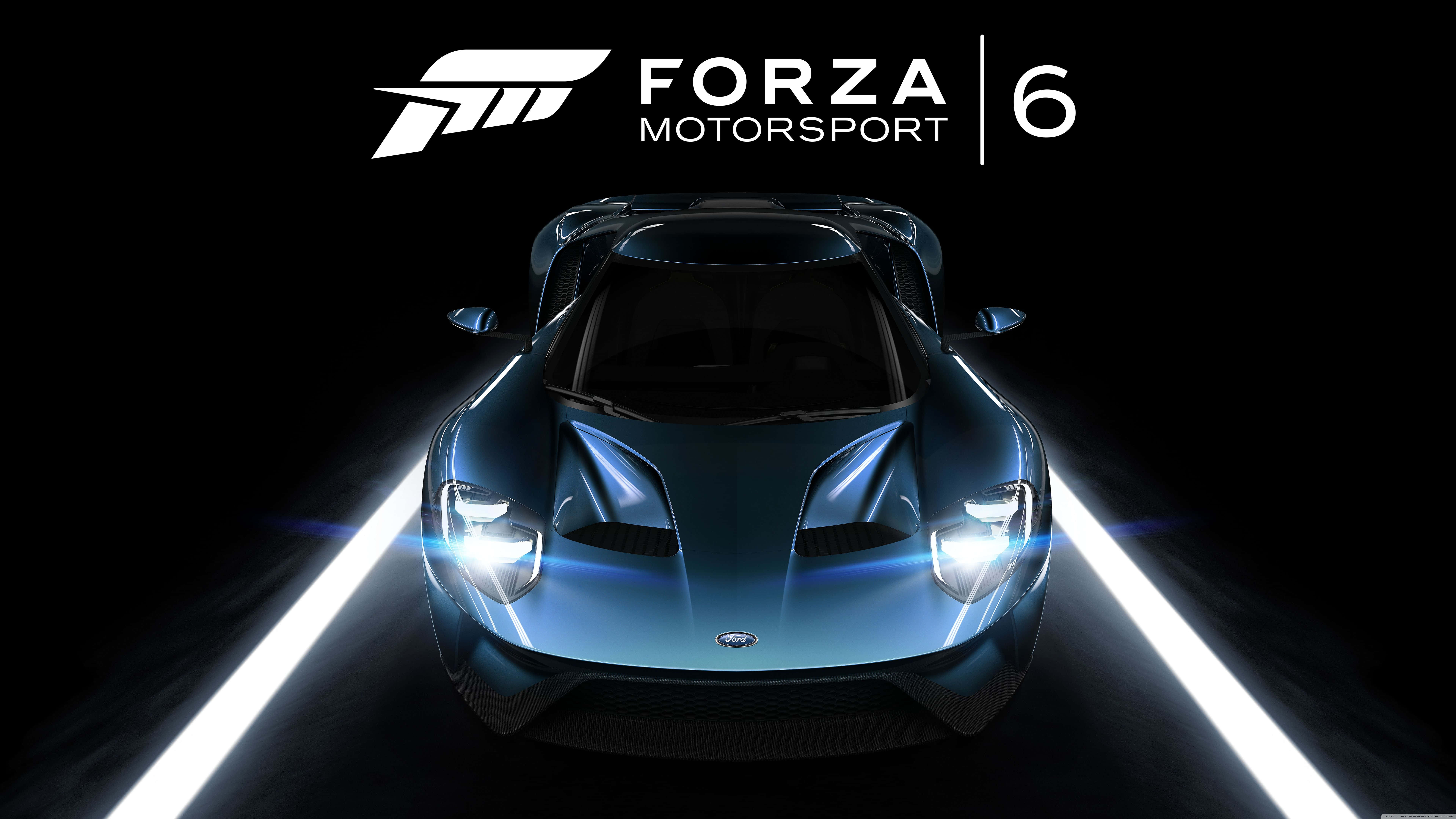 Forza 桌布 壁紙 — 一輛時尚的藍色福特GT跑車在黑色背景上，在明亮的白色燈光下閃耀，上方有Forza Motorsport 6標誌。