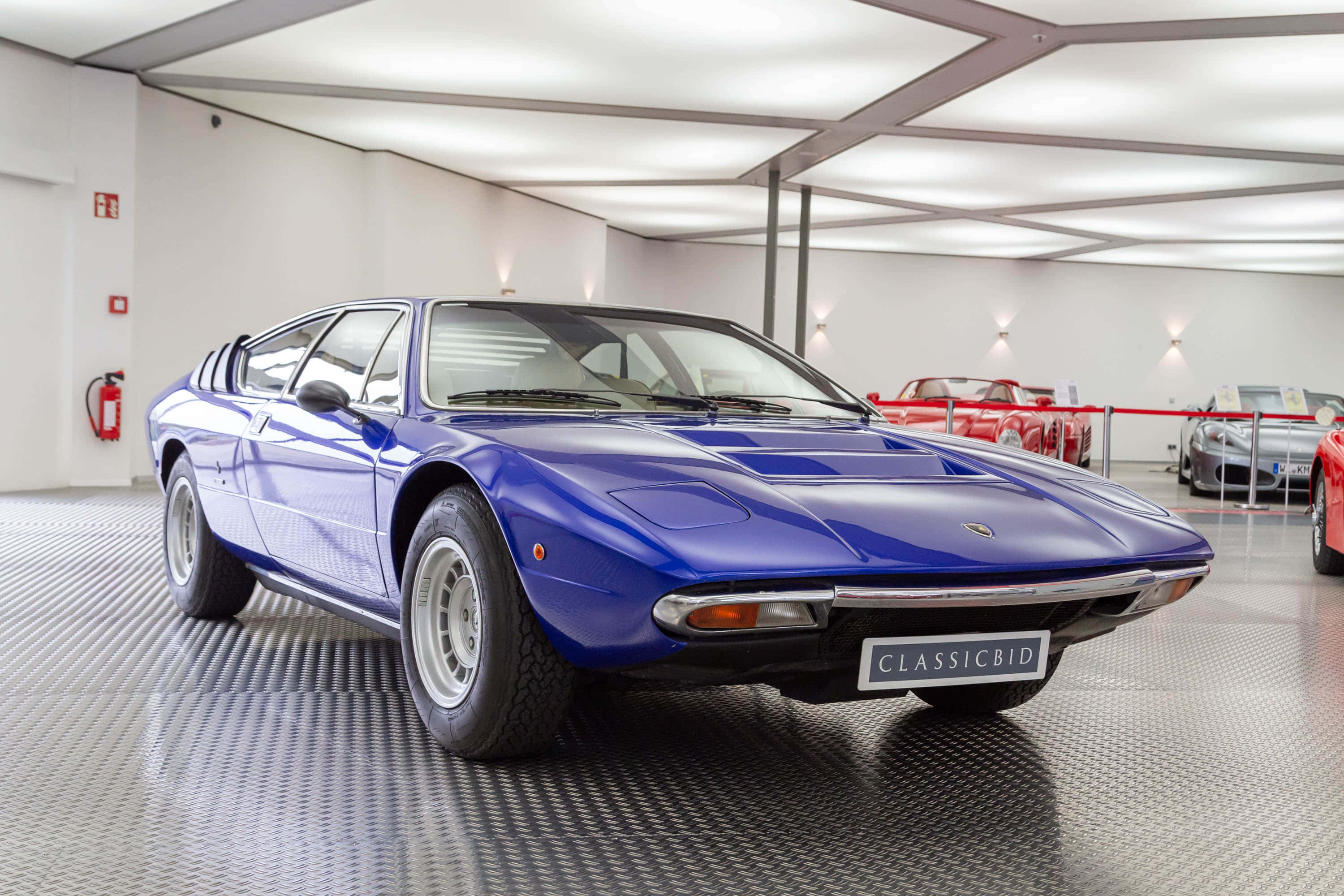 Lamborghini Urraco 桌布 壁紙 — 一輛時尚的藍色經典跑車在現代博物館的明亮燈光下閃閃發光，其他復古汽車則在屏障後面。