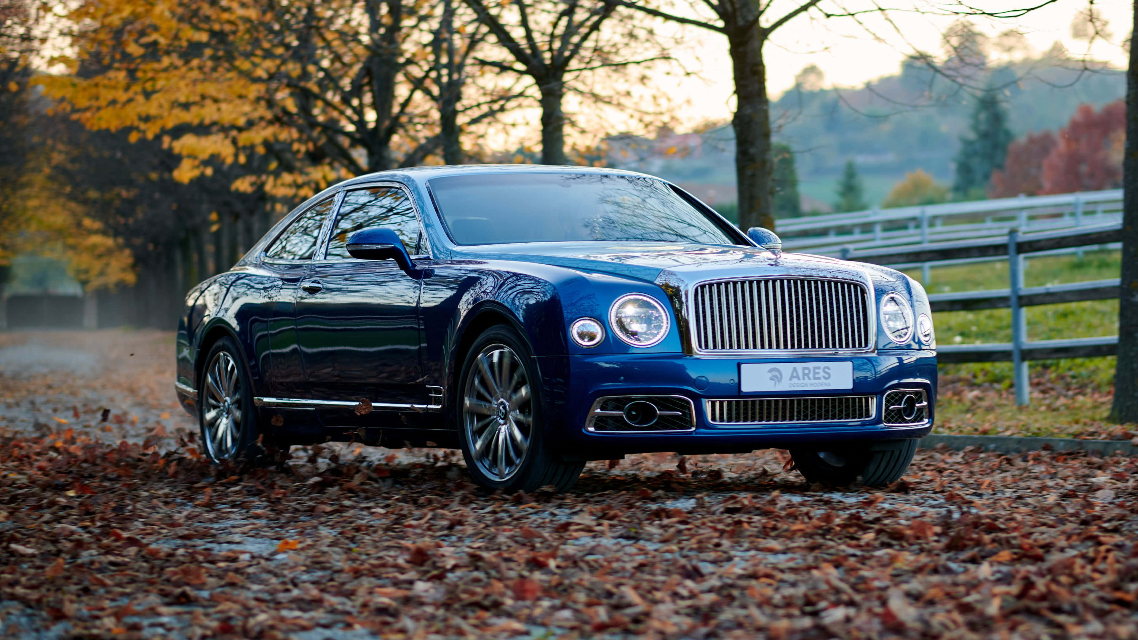 Bentley Mulsanne 桌布 壁紙 — 一輛時尚的藍色賓利 Continental GT 在金色時光的照耀下行駛在鋪滿秋葉的林間小徑上。