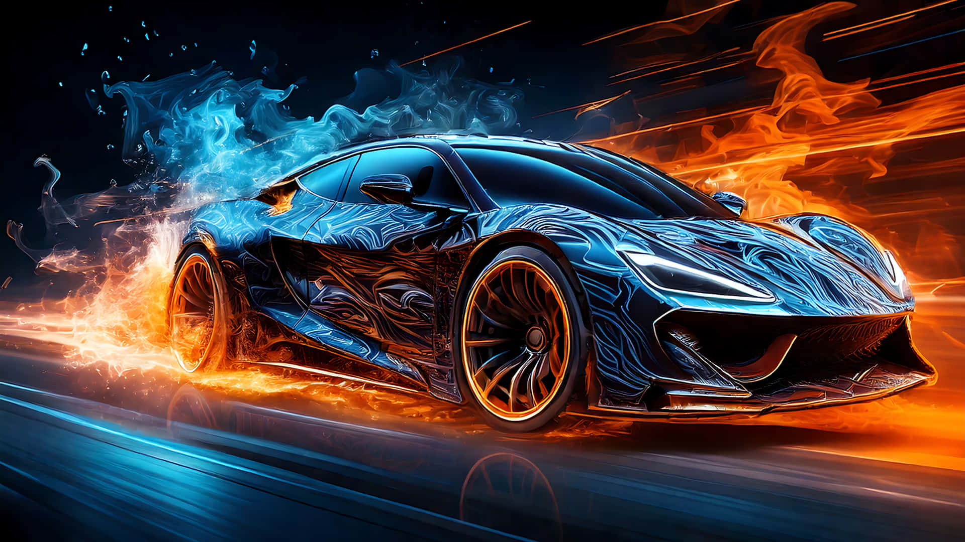 Supercar Burnout 02 壁紙 — 一輛時尚的藍色跑車，帶著熾熱的橙色和冰冷的藍色能量軌跡，在黑暗的道路上高速奔馳。