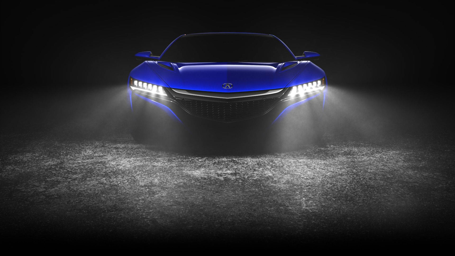 Acura 桌布 壁紙 — 一輛時尚的藍色跑車，車頭燈發光，在潮濕的瀝青路上穿過黑暗的迷霧。