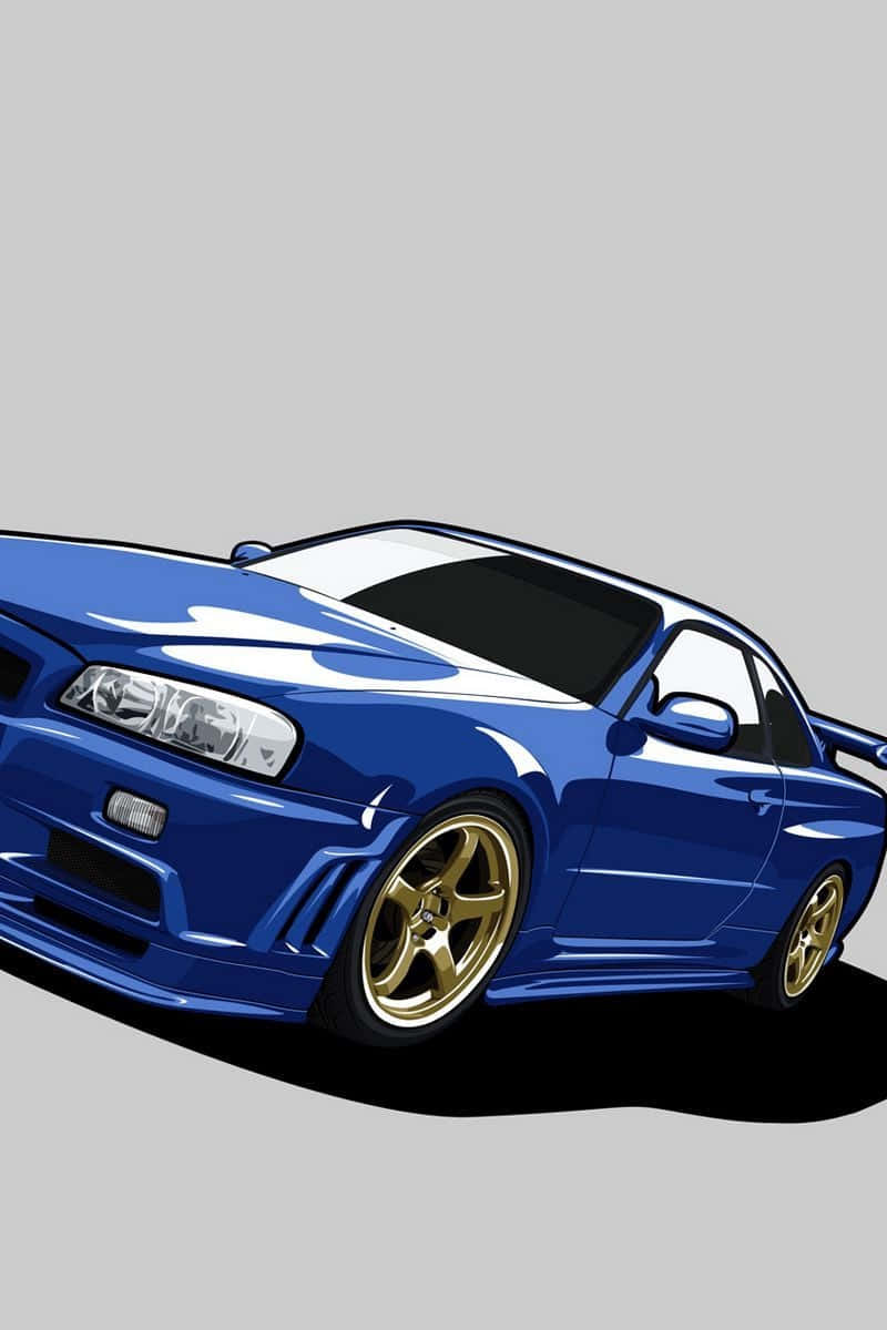 Nissan Skyline 桌布 壁紙 — 一輛時尚的藍色跑車，配備金色輪圈和白色車頂條紋，傾斜在純灰色背景上。