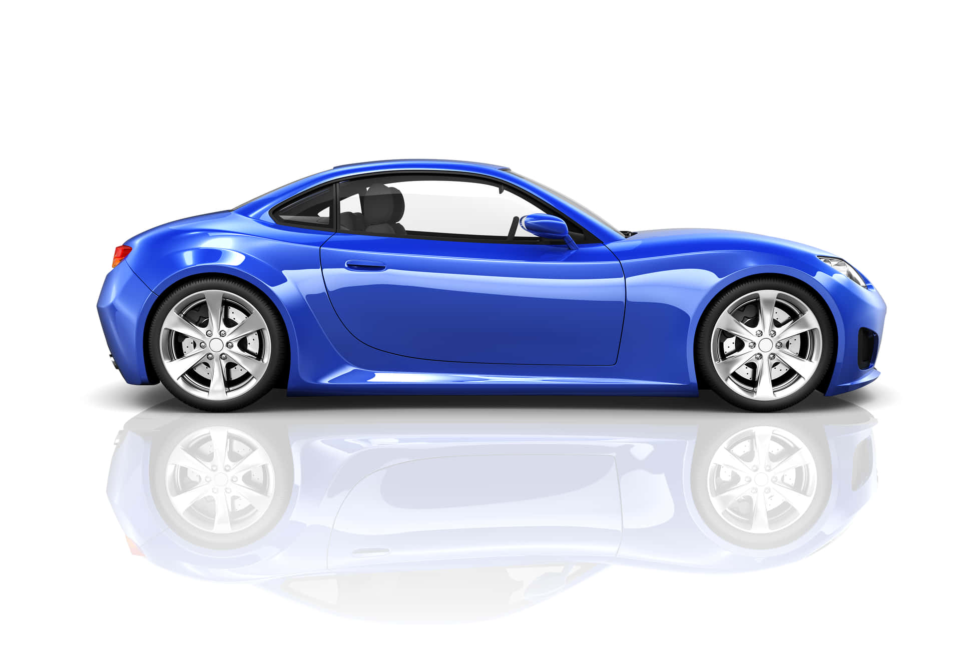 Blue Sports Car 壁紙 — 一輛時尚的藍色跑車配銀色輪圈，在白色背景上以側面展示，下方有反射表面。