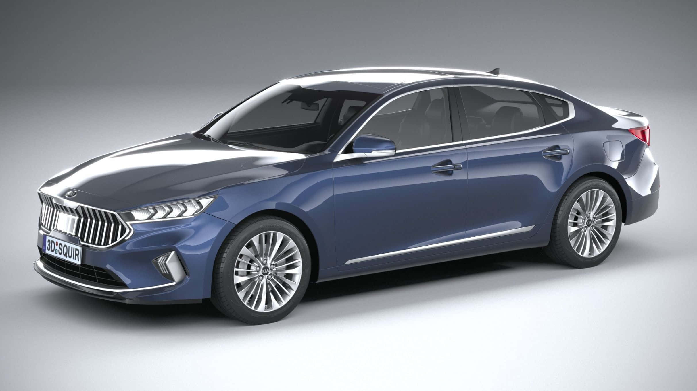 Kia Cadenza 桌布 壁紙 — 一輛時尚的藍色轎車，帶有鍍鉻裝飾和現代車頭燈，在簡約的攝影棚環境中展示。