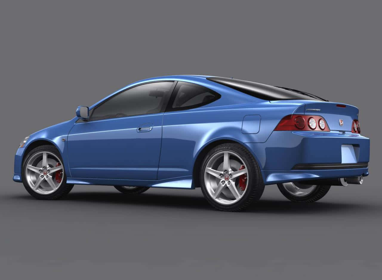 Honda Integra 桌布 壁紙 — 一輛時尚的藍色運動轎跑車，配備銀色輪圈和紅色制動卡鉗，在灰色背景的攝影棚燈光下展示。