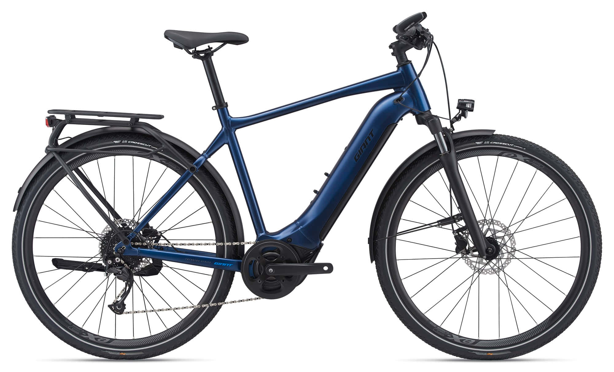 Bicycle 桌布 壁紙 — 一輛時尚的藍色電動自行車，配有黑色輪胎和行李架，孤立在白色背景上。