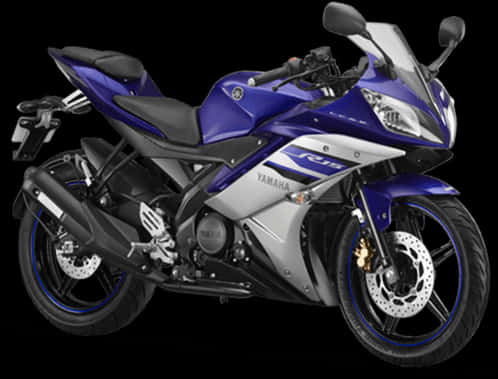機車 桌布 壁紙 — 一輛時尚的藍銀色Yamaha R15運動機車，在黑色背景的攝影棚燈光下展示。