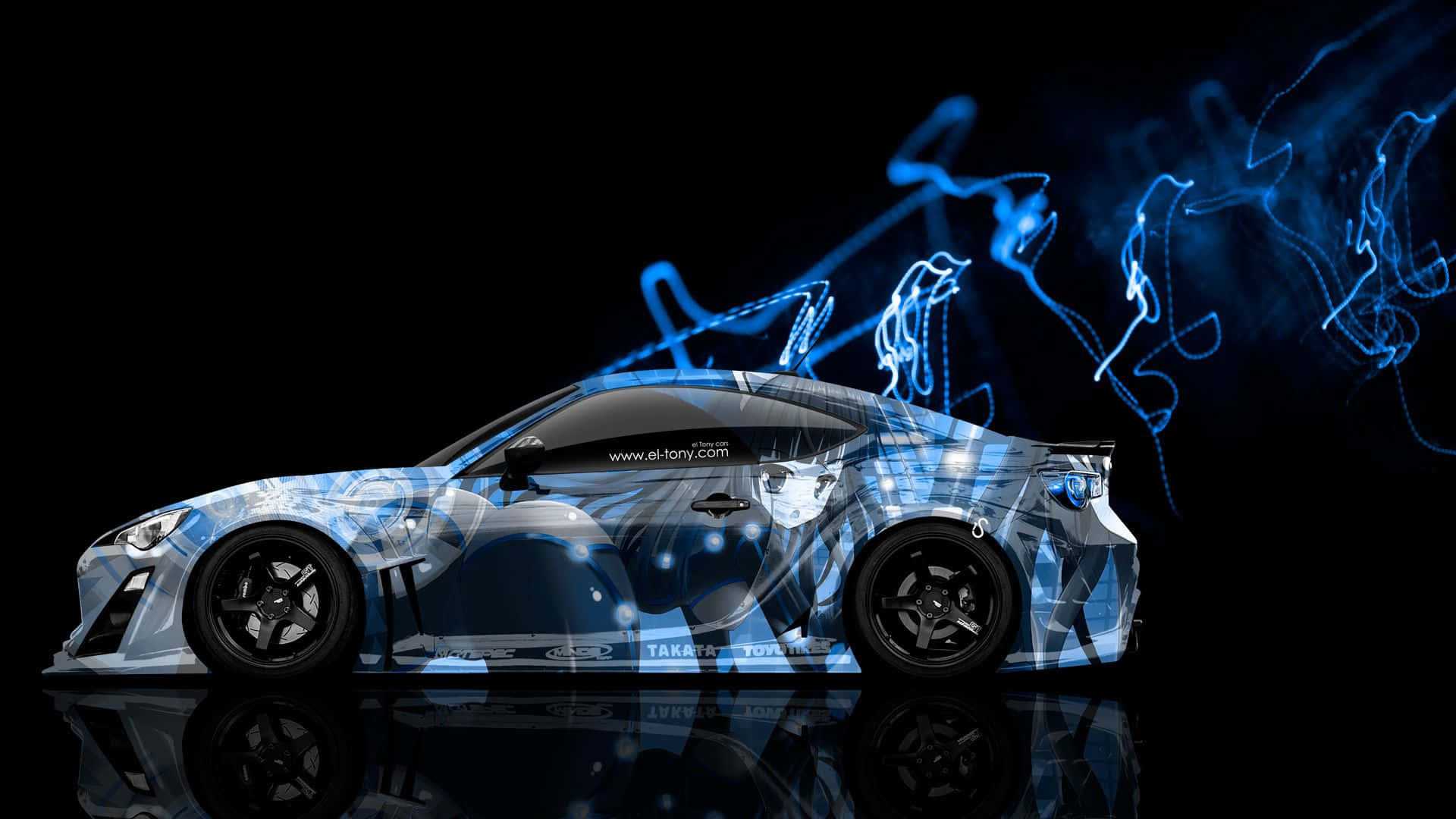 藍銀色跑車，在黑色反光表面上帶有發光的霓虹軌跡。 — Toyota Supra Mk4 壁紙