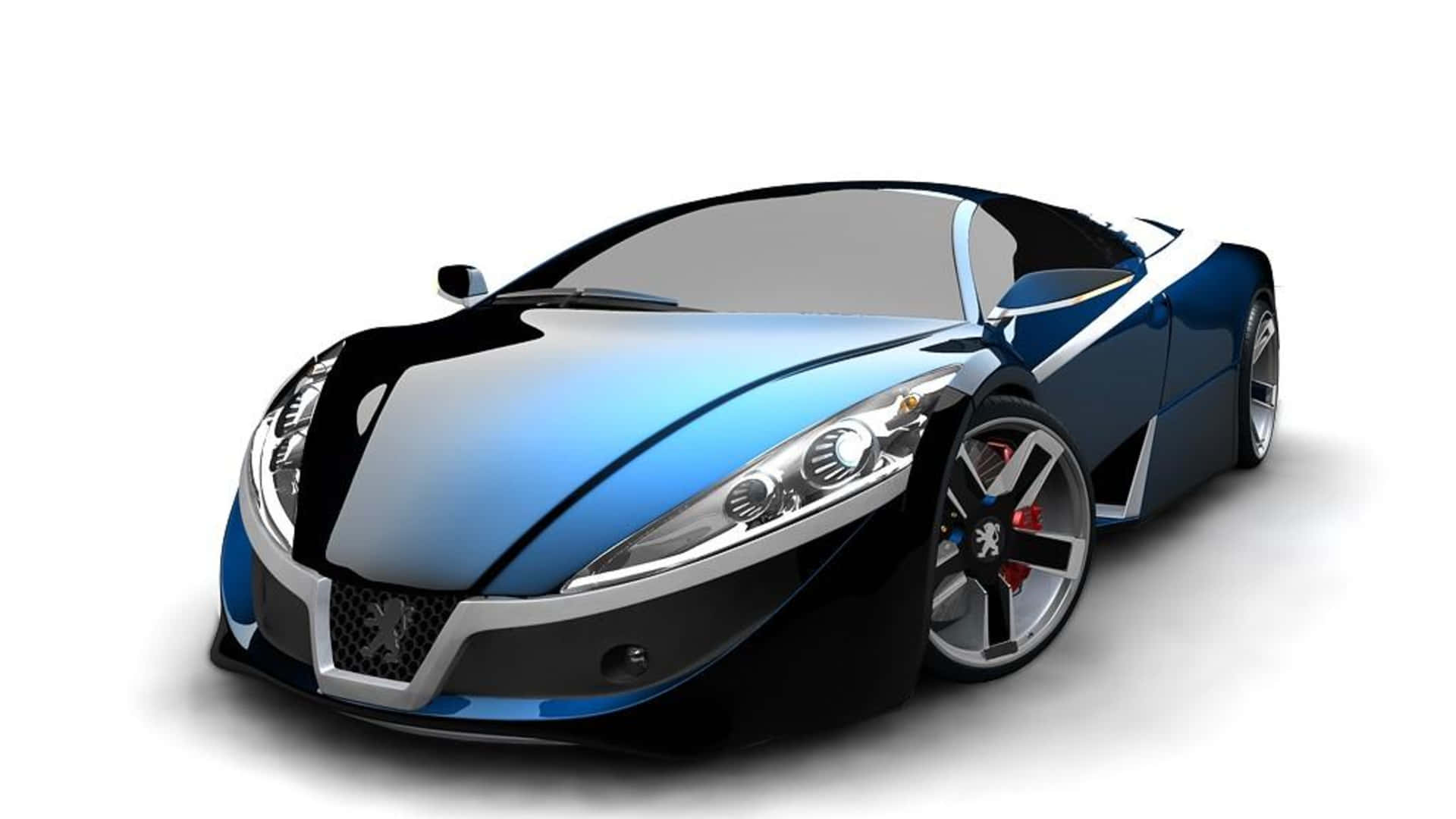 cars 桌布 壁紙 — 一輛時尚的藍黑色跑車，帶有鍍鉻裝飾和紅色制動卡鉗，在純白色背景下閃閃發光。