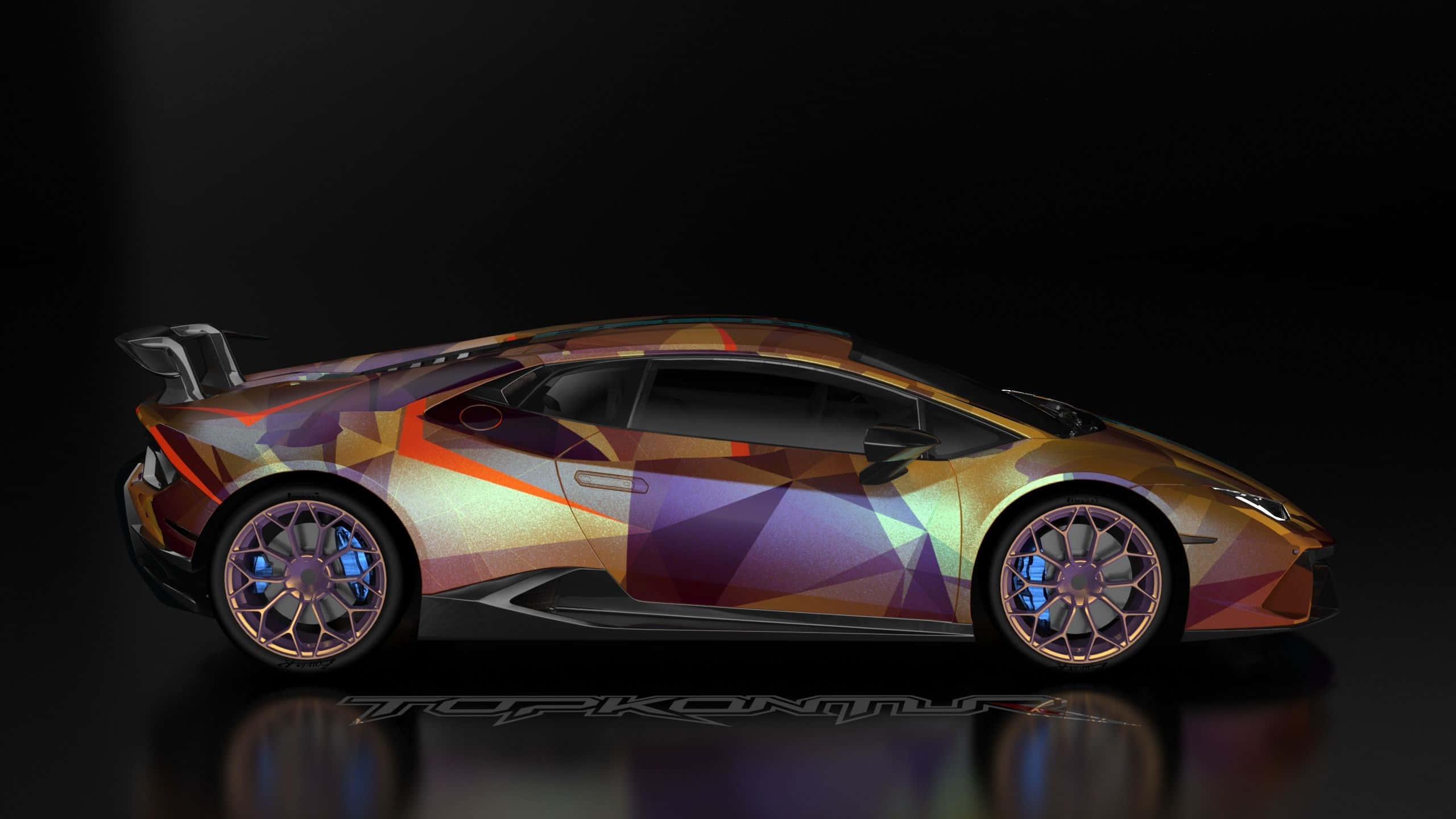 Gold Cars 桌布 壁紙 — 一輛時尚的跑車帶有鮮豔的幾何圖案，在黑色背景的攝影棚燈光下閃耀。